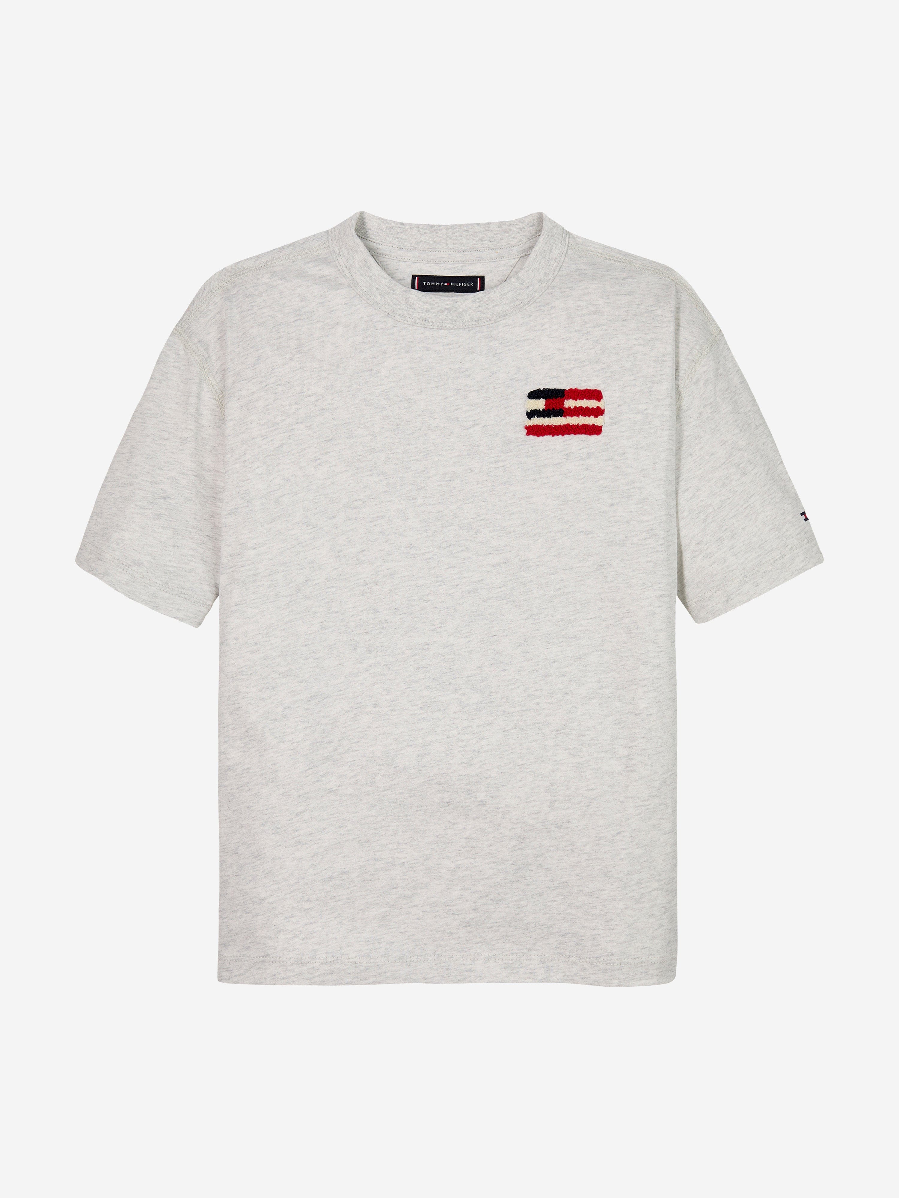 Tommy Hilfiger Boys' Grey Flag Embroidered T-Shirt | Classic Cotton Tee for Kids | Casual Wear, School, and Everyday Outfits