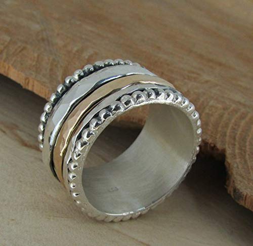 Spinner Ring for Women - Handmade Wide Silver & Gold Filled Meditation Ring with Hammered Mixed Metal Design | Stress Relief, Anxiety Relief & Focus Tool for Yoga, Mindfulness & Daily Wear