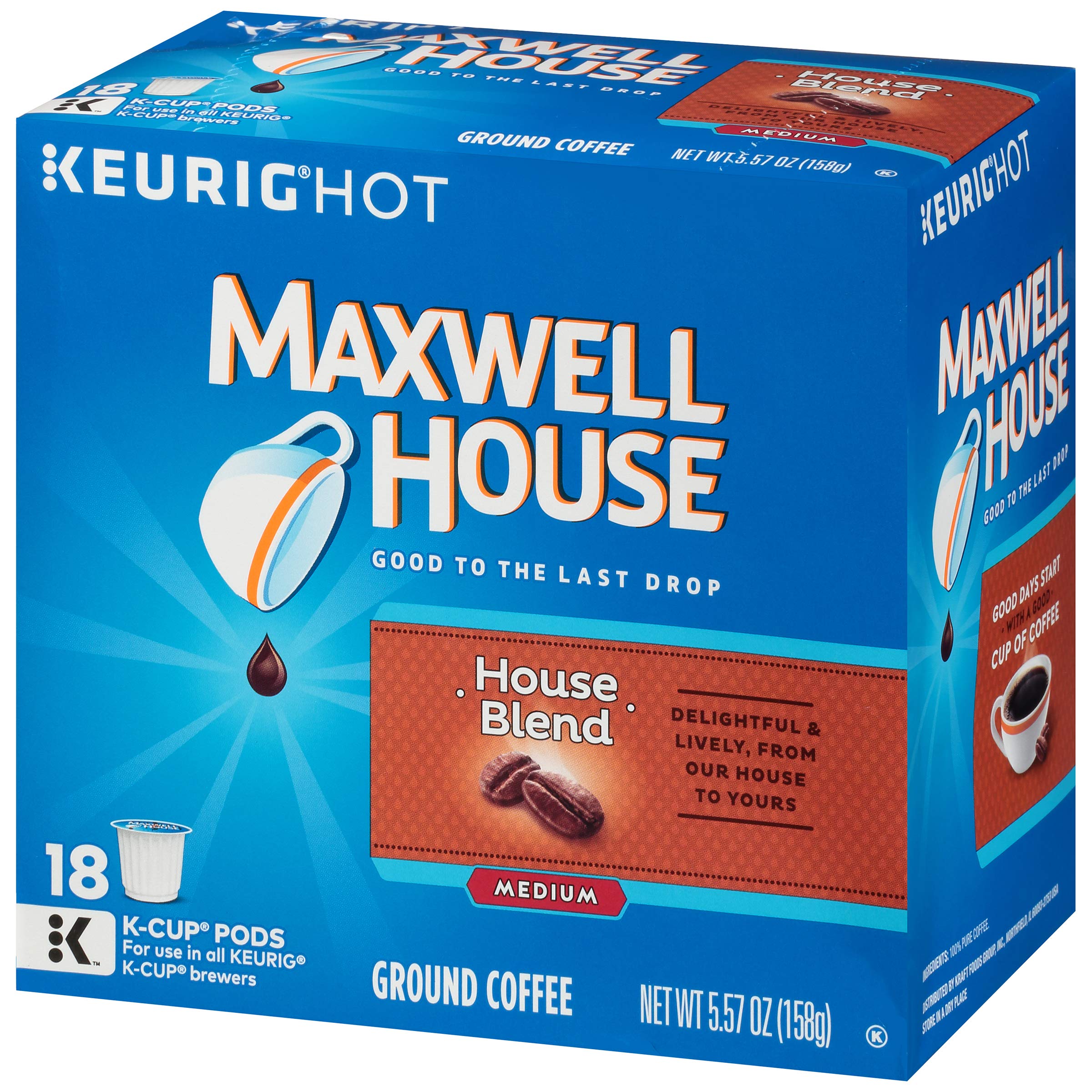Maxwell House House Blend Medium Roast Coffee Pods - 18 Count Keurig K-Cups for Brewing Rich & Smooth Coffee at Home or Office