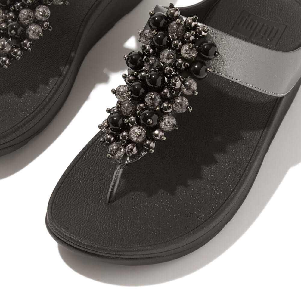 FitFlop Fino Bauble Bead Leather Sandals for Women - Comfortable & Stylish Pewter Black Flip Flops - Perfect for Beach, Vacation & Summer Outfits