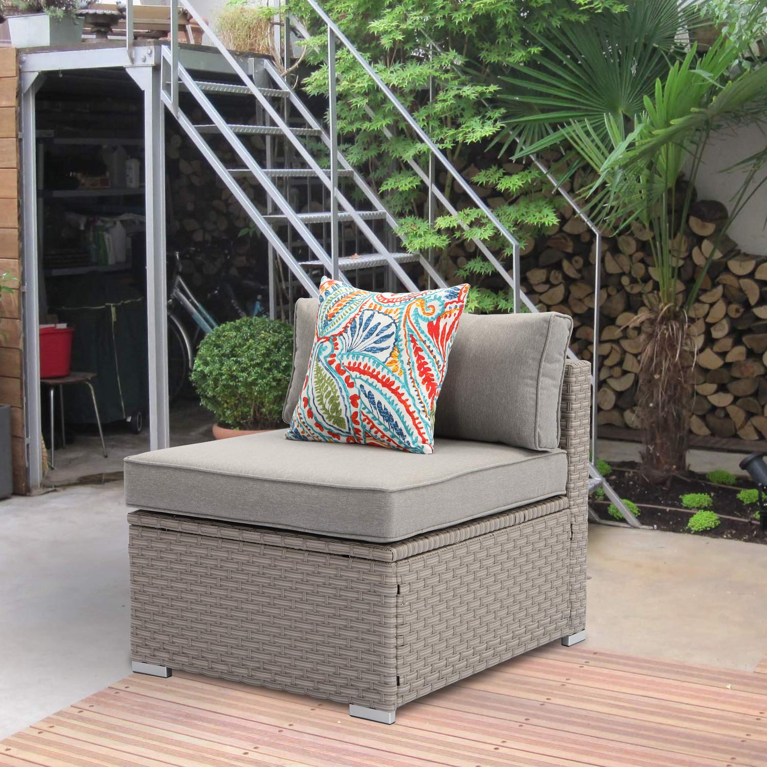 HOMPUS Outdoor Patio Furniture - Gray Wicker Armless Chair with Cushion & Pillow - Weather-Resistant Garden, Pool, Backyard Seating for Relaxation & Entertaining