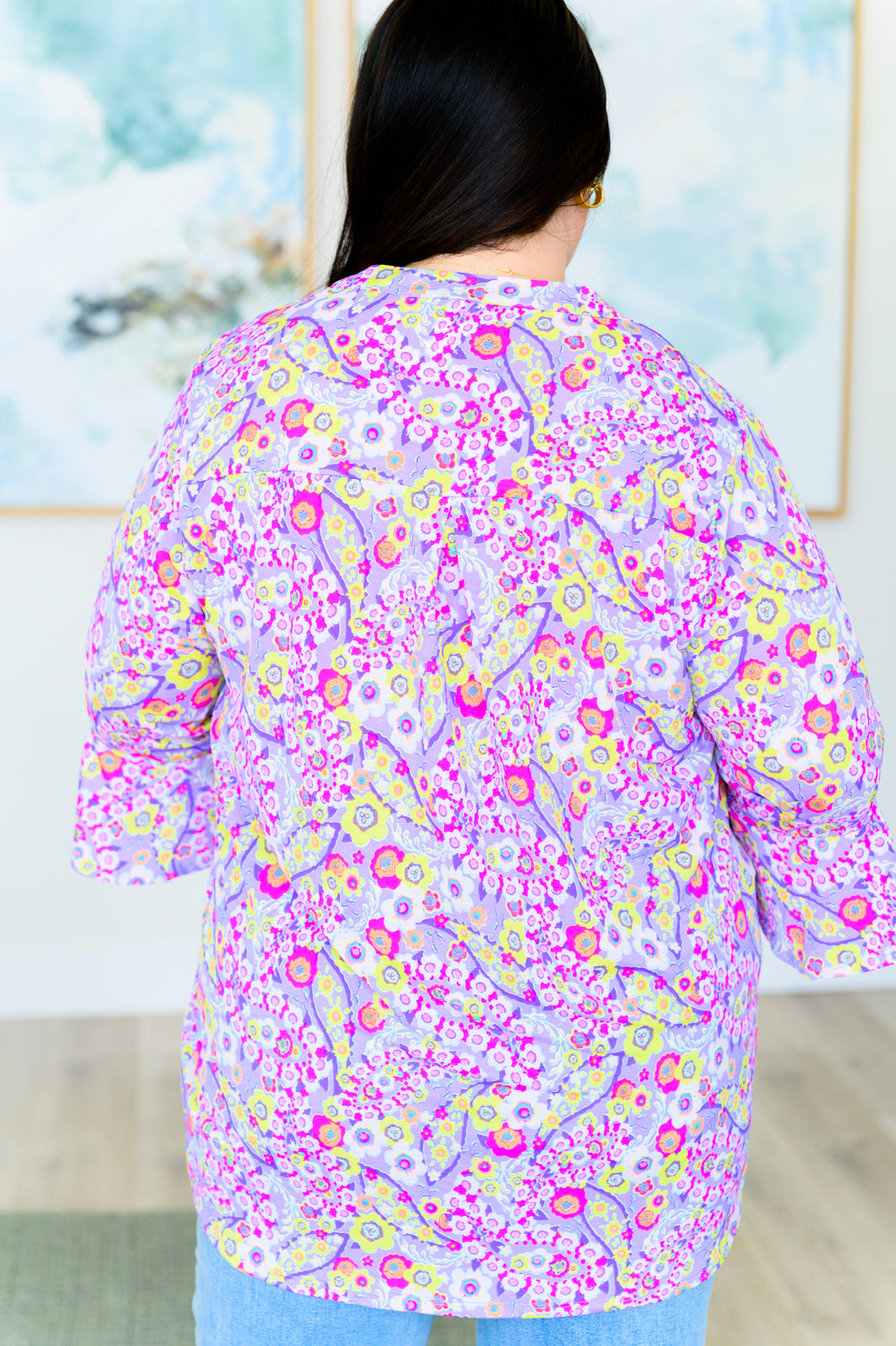 Lizzy Bell Sleeve Top Women's Vintage Floral Blouse - Lavender Ditsy Print Retro Style for Casual Wear, Date Night & Spring Outfits