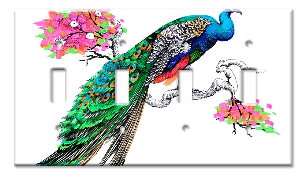 Vibrant Peacock Art Plates - 4-Gang Toggle Switch Cover - Handcrafted in USA - Decorative Wall Plate for Home & Office Decor