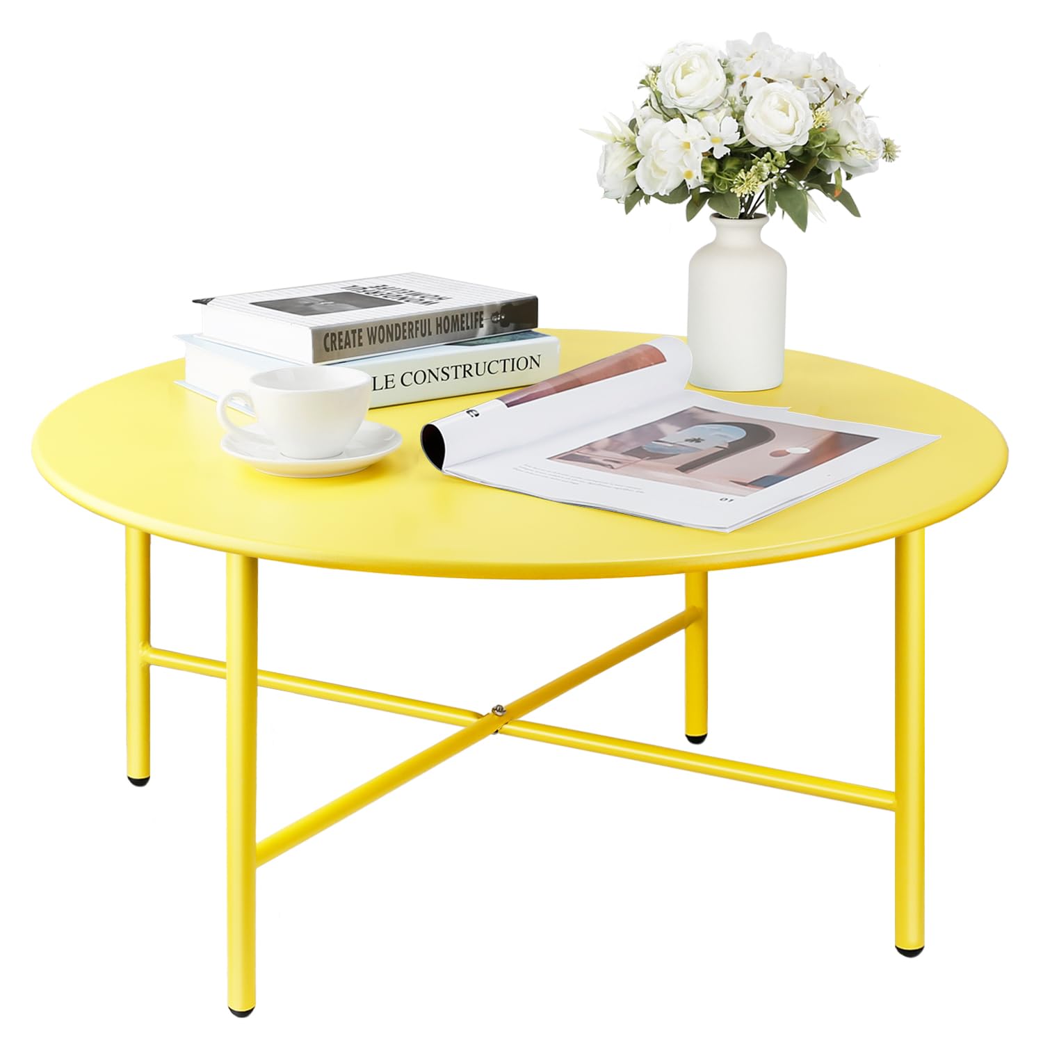 **Weather-Resistant Round Steel Patio Coffee Table - Indoor & Outdoor Use, Anti-Rust & Waterproof Large Side Table for Garden, Living Room, Bedroom, Balcony (Yellow) - Perfect for Relaxing, Entertaining & Outdoor Dining**