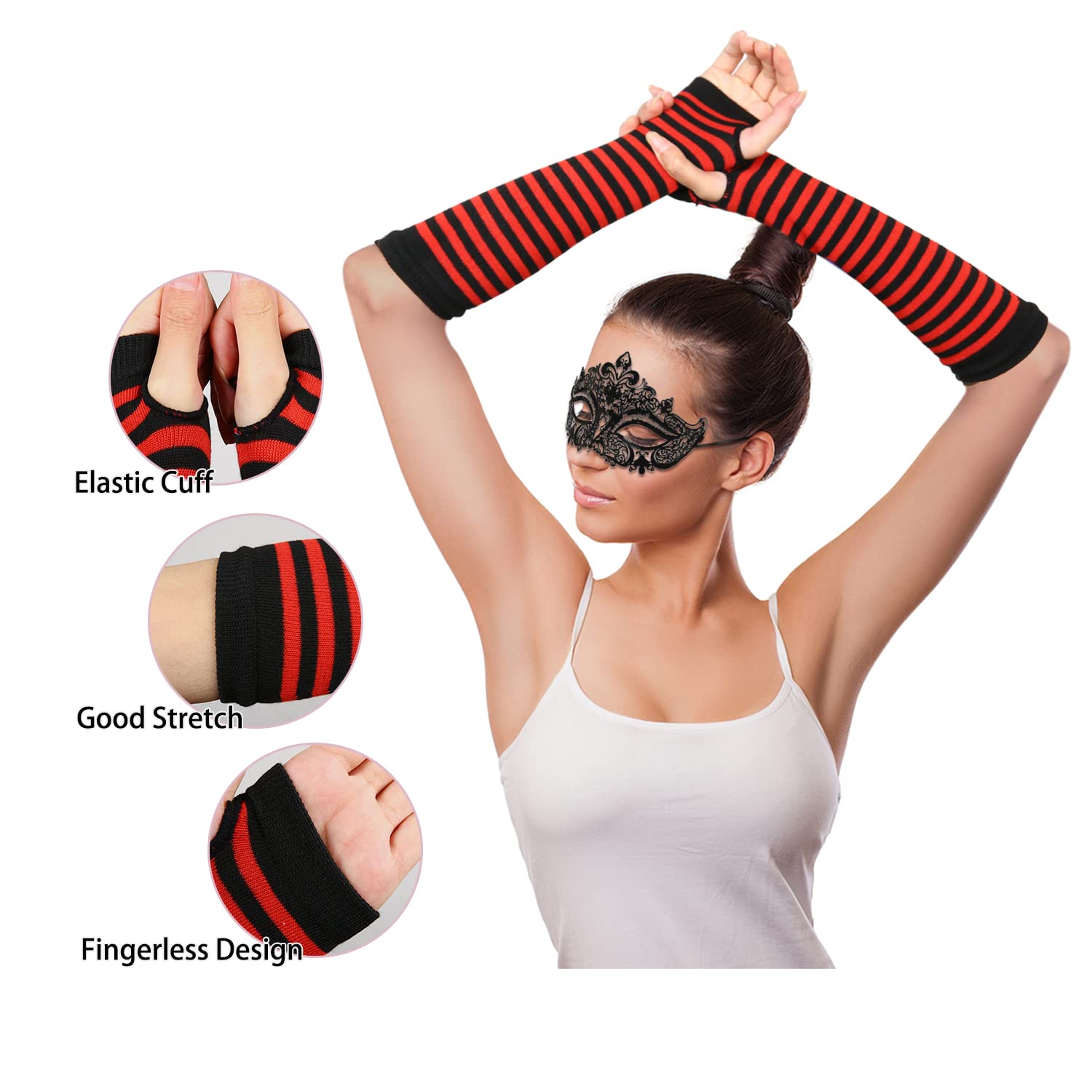 Benefeet Women's Striped Thigh High Socks & Arm Warmers Set - Over Knee High Stockings with Fingerless Gloves - Perfect for Halloween Costumes, Cosplay, and Winter Fashion Outfits