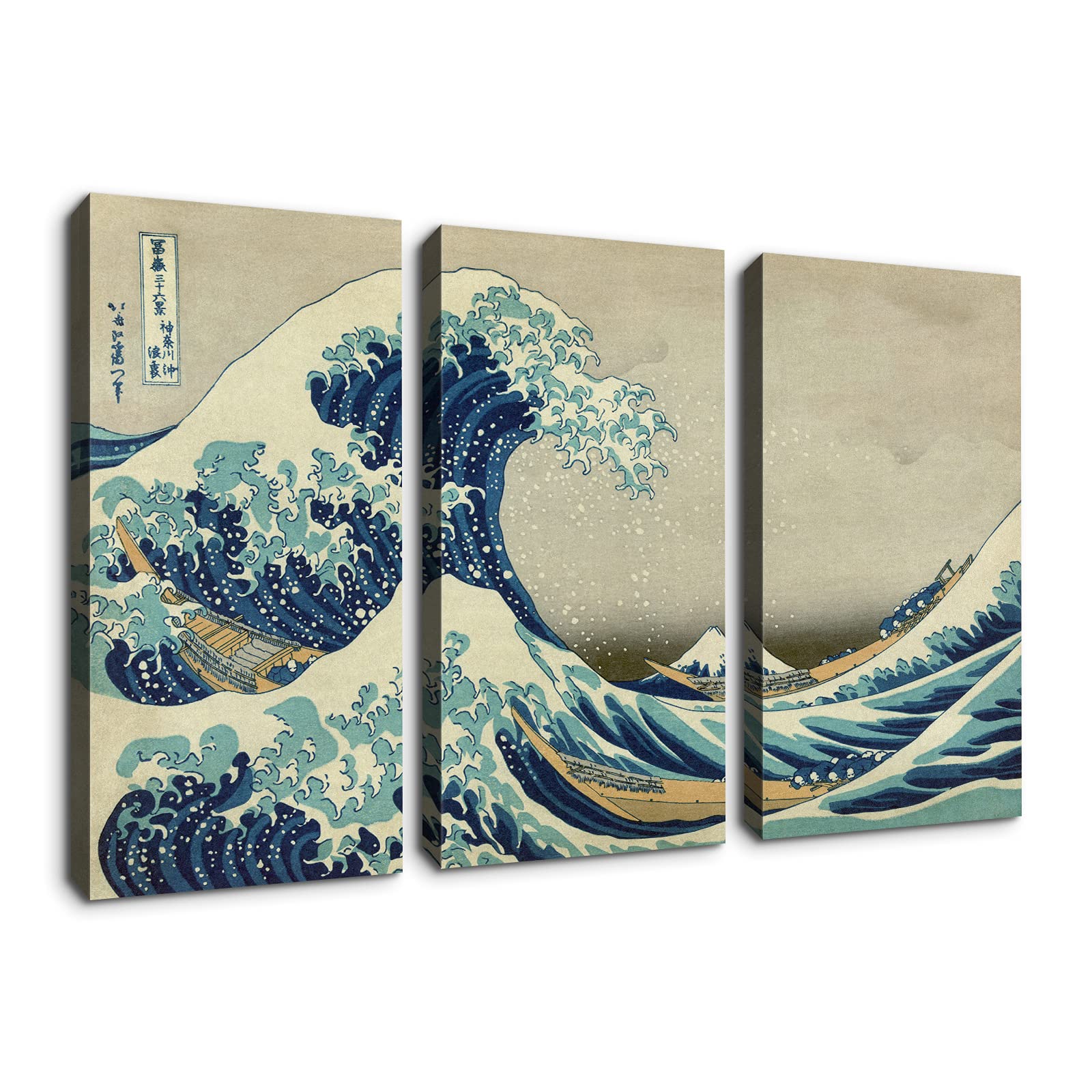 Denozer - 3 Piece Canvas Wall Art Set - The Great Wave Off Kanagawa Oil Painting Reproduction, Giclee Printed Stretched & Framed Ready to Hang - 20x40 Inches (3 Panels) - Perfect for Living Room, Bedroom & Office Decor