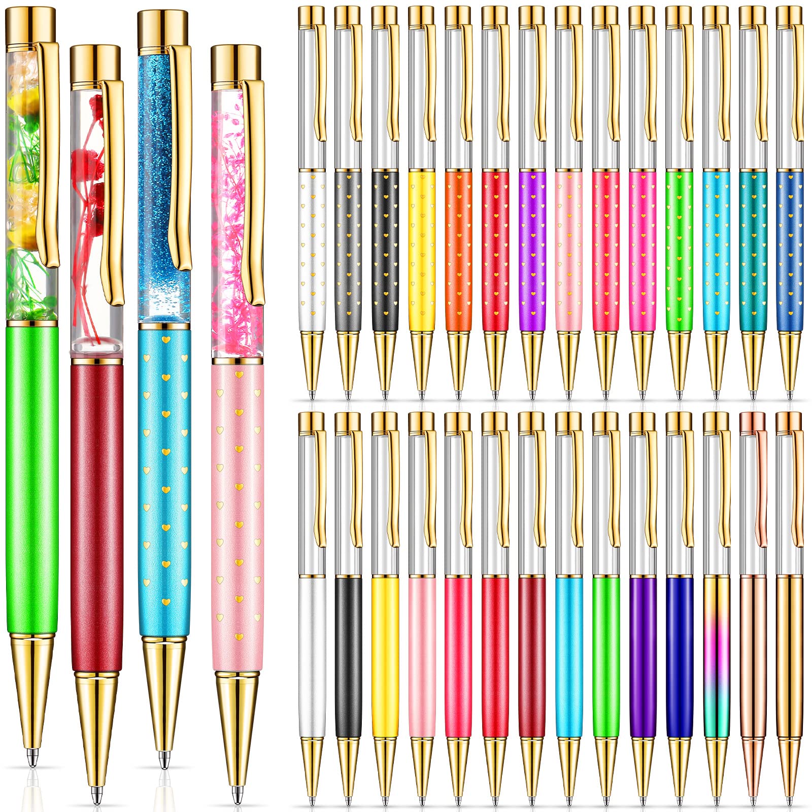 28 Pack DIY Floating Ballpoint Pens with Black Ink - Heart Shaped Metal Pens for Office, School, Wedding & Gift Giving - Creative Liquid Sand Writing Tools for Business, Students & Craft Lovers
