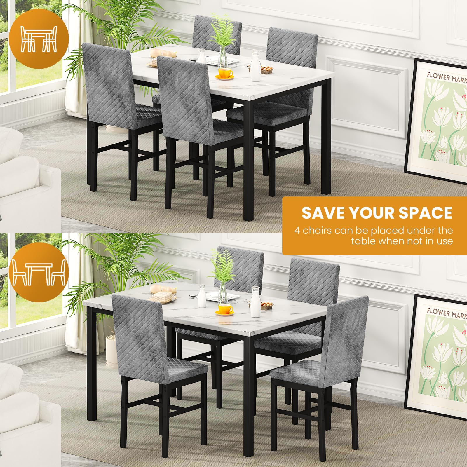 Recaceik 4-Piece Dining Table Set with Upholstered Velvet Chairs - White & Grey Kitchen Table for Small Spaces, Breakfast Nook, Apartment Dining Room