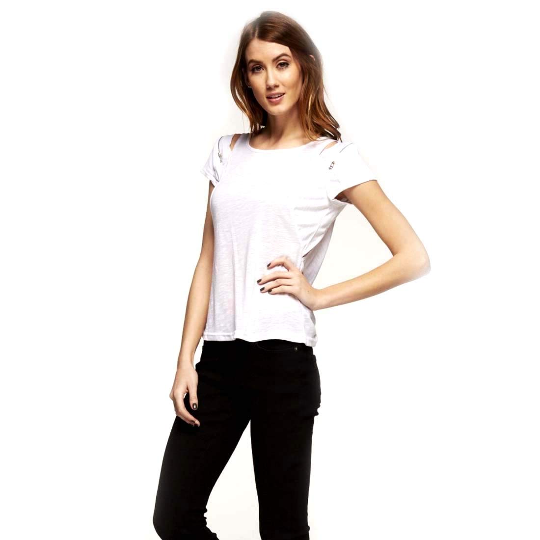 Black Collection Women's White Short Sleeve Thin Knit Top with Zipper Shoulder Accent - Large Size | Casual Summer T-Shirt for Streetwear, Dating & Office Outfits