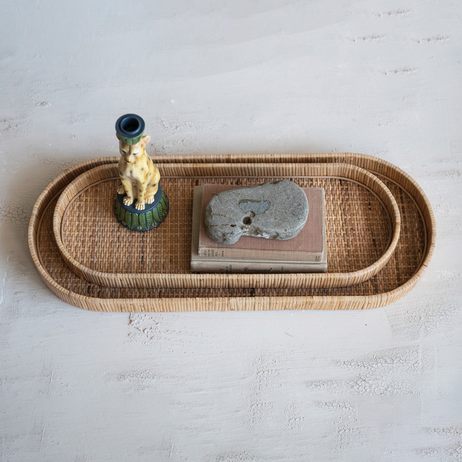 Handwoven Oval Rattan Trays - Natural Boho Decorative Serving Trays for Coffee Table, Dining, and Party Decor | Perfect for Home, Office, and Outdoor Entertaining