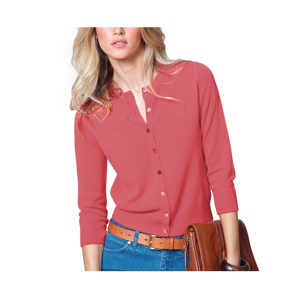 Parisbonbon Women's 100% Cashmere Crew Neck Cardigan Sweater - Soft Coral Pink Long Sleeve Pullover (Size L) - Perfect for Office Wear, Casual Outfits & Winter Layering