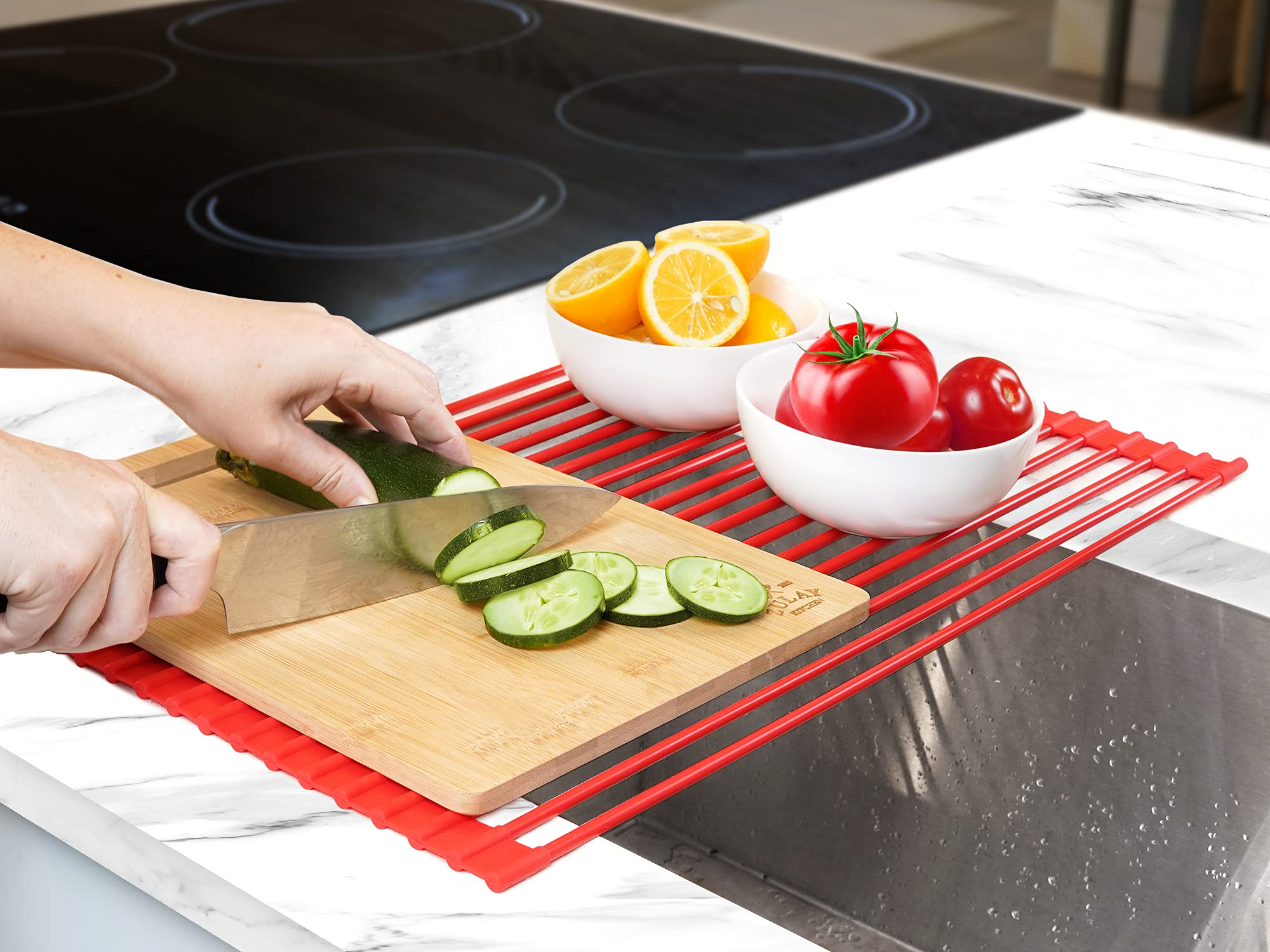 Zulay Kitchen Large Roll Up Dish Drying Rack - Heavy Duty Silicone Wrapped Steel Rods Over Sink Dish Rack - Foldable Space Saving Drying Rack & Trivet for Kitchen Counter - Red, 20.5 x 13 inches - Perfect for Small Kitchens & Apartments