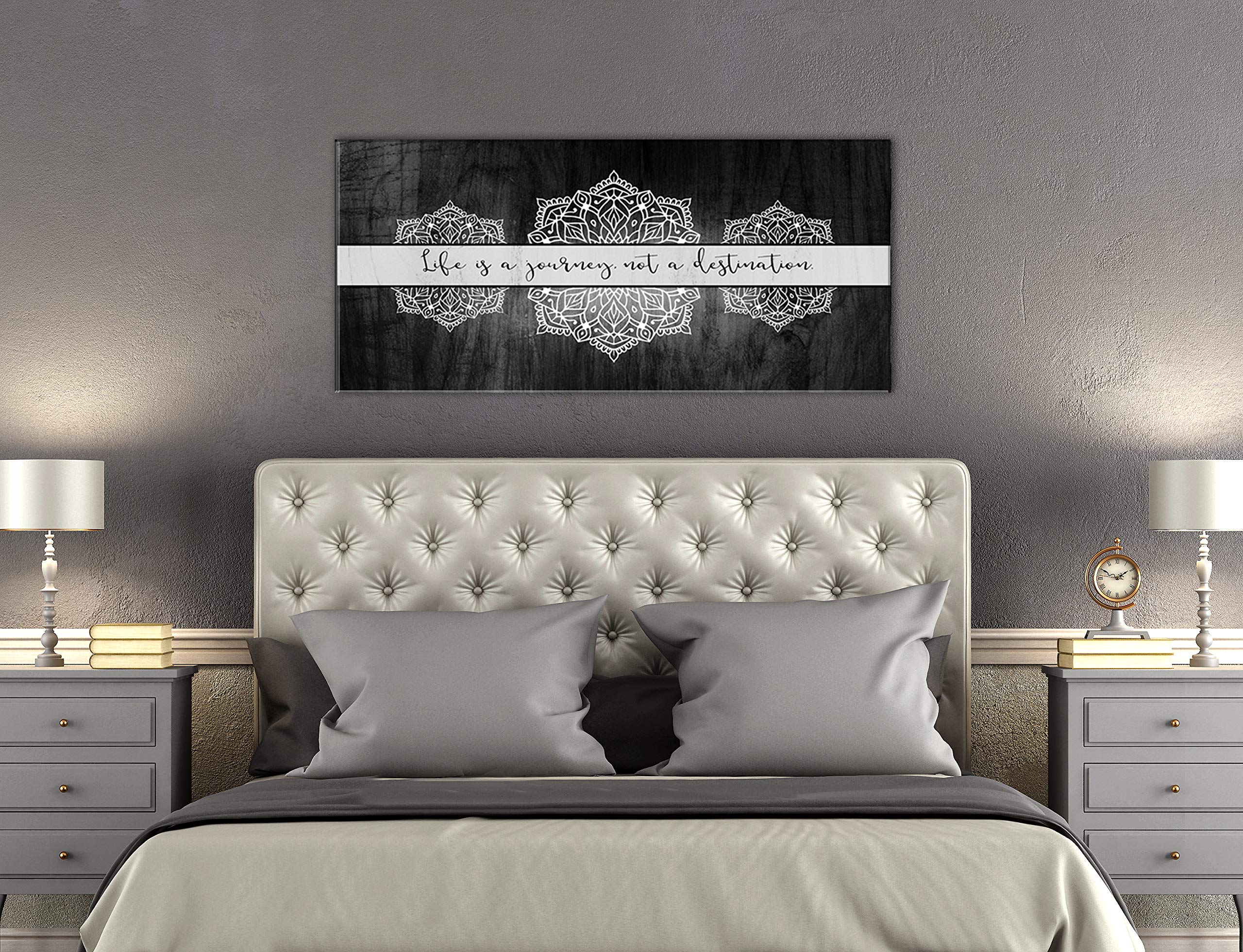 Boho Life Is A Journey Sign - Large Canvas Wall Art with Bohemian Floral Pattern, Modern Home Decor for Bedroom (Grey Black, 60x27) - Perfect for Bohemian Style Living Rooms, Bedrooms & Office Spaces