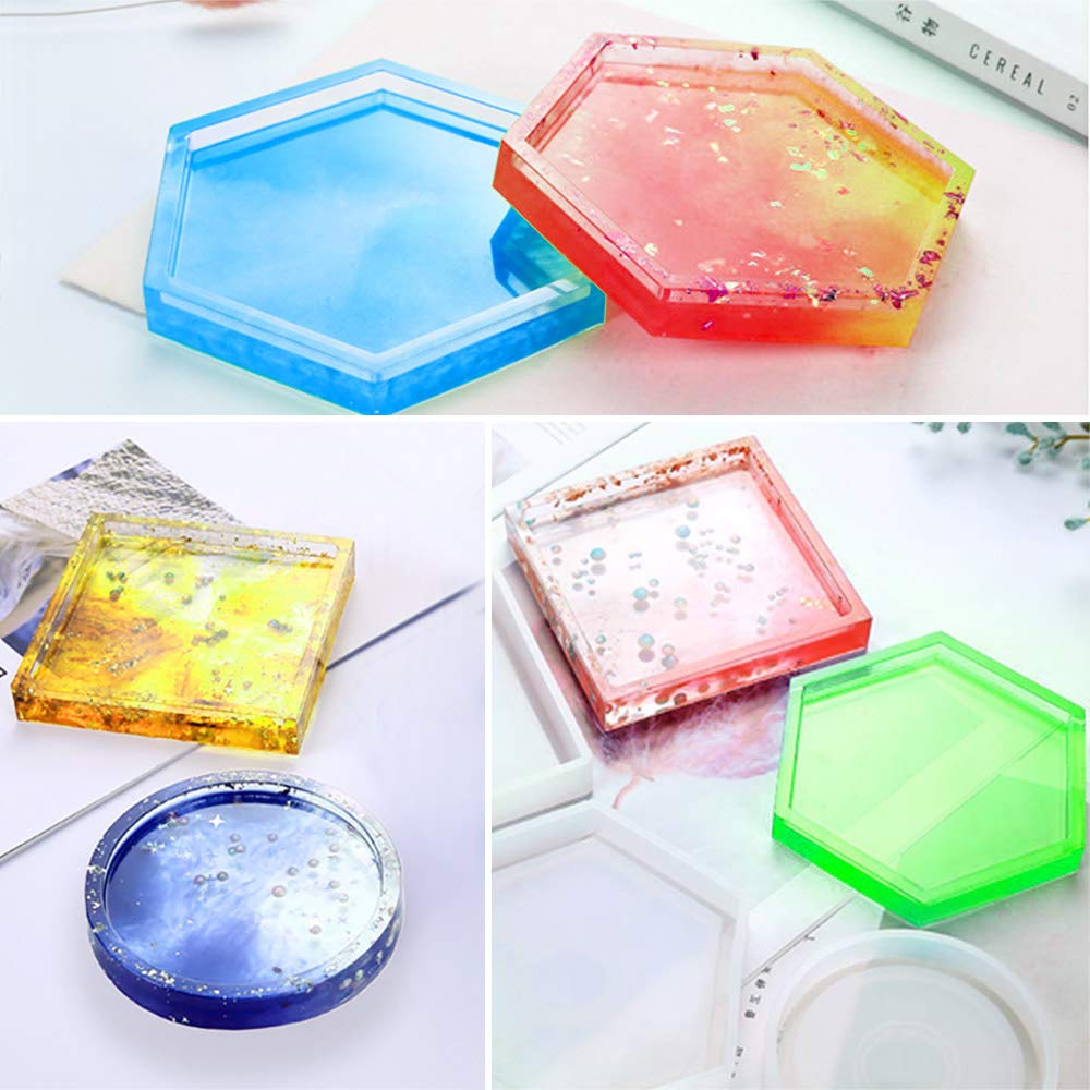 AMind4U 6PCS Silicone Resin Molds Kit - Hexagon, Square, Circle & Heart Epoxy Coaster Molds for Beginners | DIY Home Decor, Wedding Favors & Craft Projects