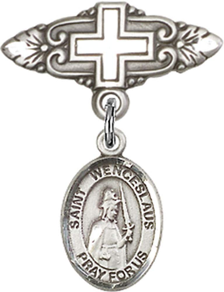 Sterling Silver Baby Badge with St. Wenceslaus Charm & Cross Pin - Handmade in USA - Perfect for Christening, Baptism & First Communion Gifts