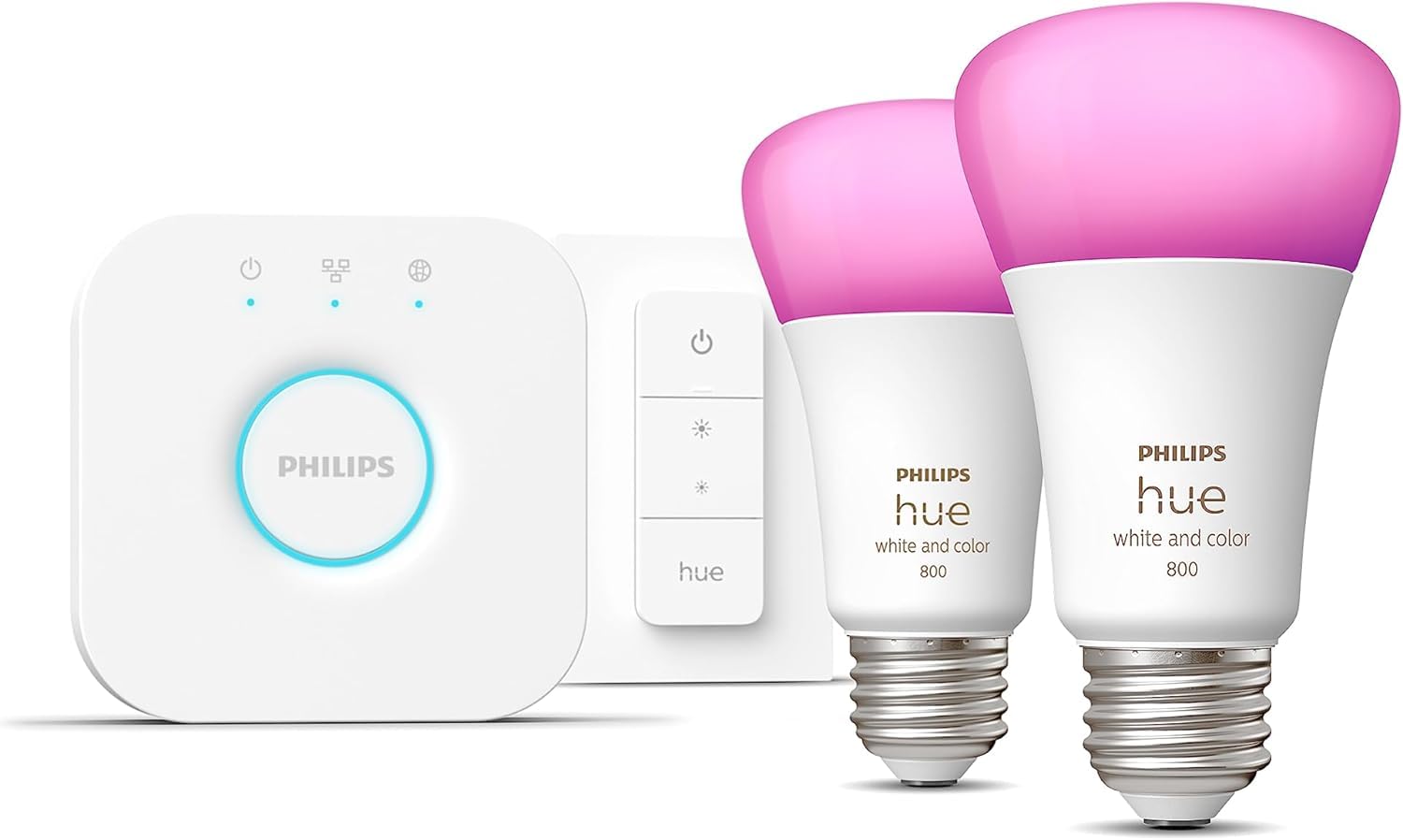 Philips Hue Smart Light Starter Kit with Bridge, Dimmer Switch & 2 A19 LED Bulbs - 16 Million Colors, 800LM E26 Base - Works with Alexa, Google Assistant & Apple HomeKit - Perfect for Bedroom, Living Room & Smart Home Automation