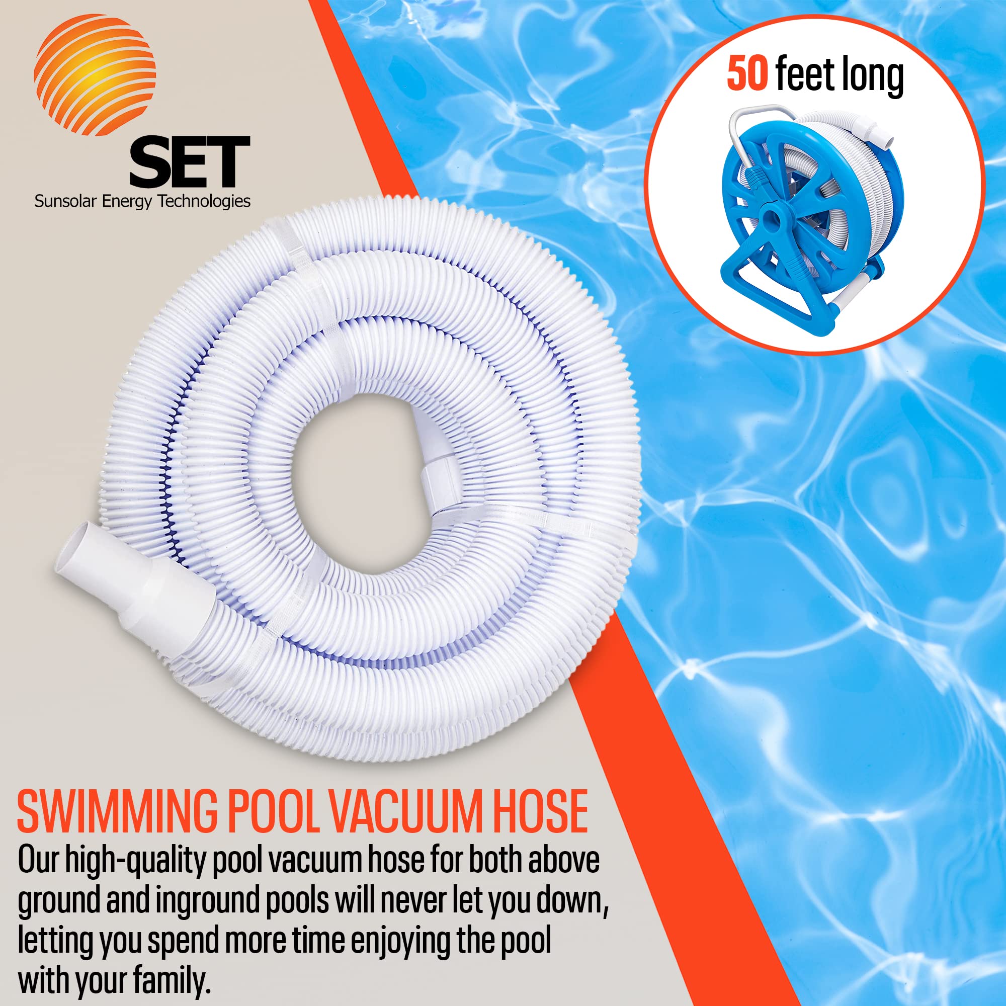 Sunsolar Premium 1.5 Inch x 50Ft Swimming Pool Vacuum Hose - Compatible with Most Above Ground & Inground Pool Vacuum Heads - Includes Swivel Head for Easy Movement - Durable Pool Cleaning Accessories for Crystal Clear Water - Perfect for Backyard, Inground, and Above Ground Pool Maintenance