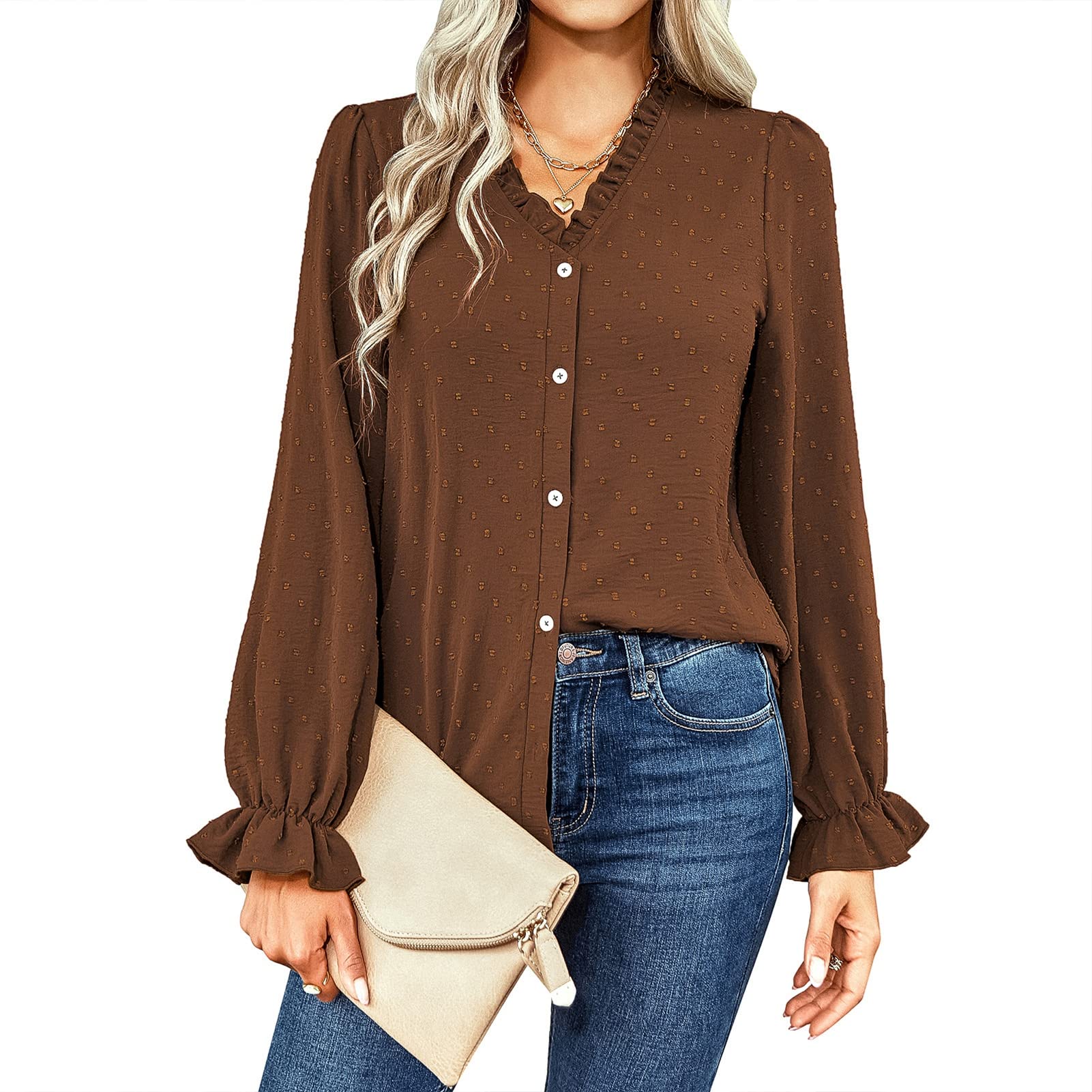 Women's Long Sleeve V-Neck Button Down Blouse - Stylish Selvedge Dot Print T-Shirt for Casual Wear, Office Outfits & Date Nights