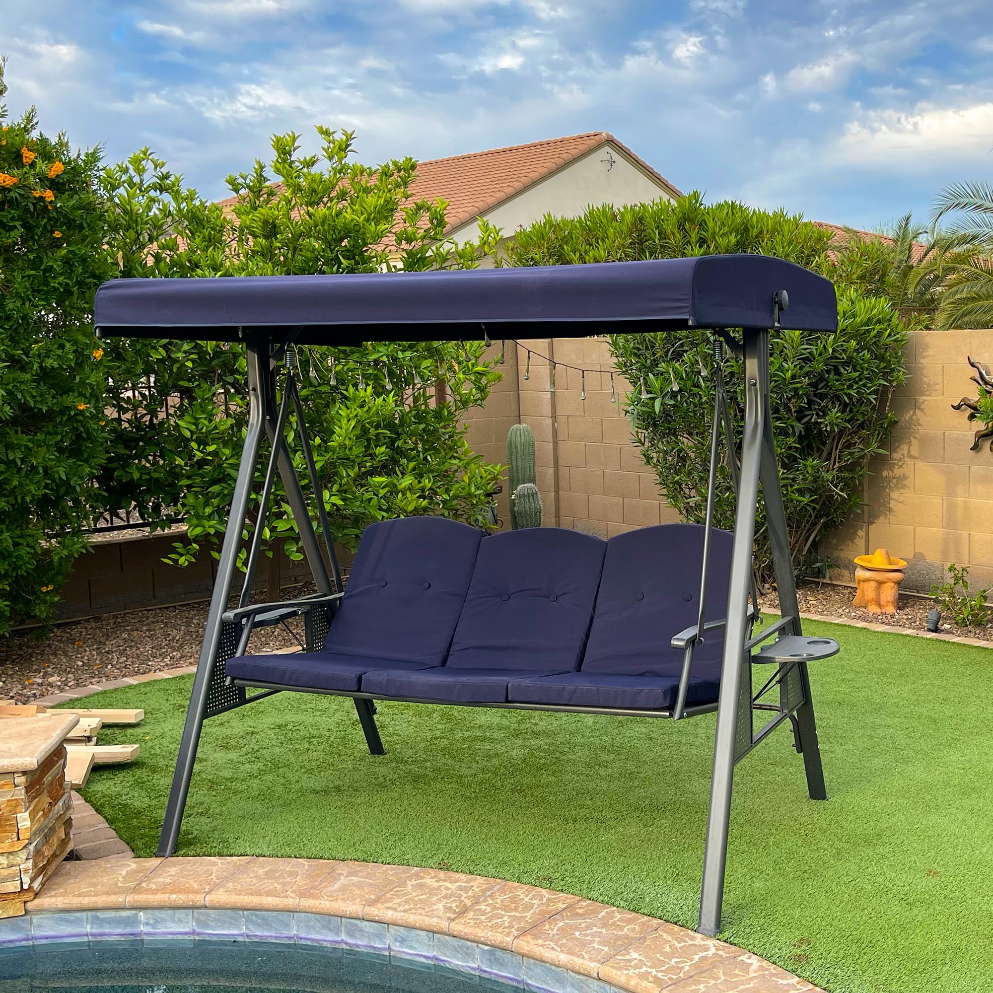 PURPLE LEAF 3-Seat Outdoor Patio Swing with Stand - Adjustable Canopy, All-Weather Steel Frame, Includes Cushions & Pillows - Perfect for Backyard, Porch, Garden Relaxation (Navy Blue)