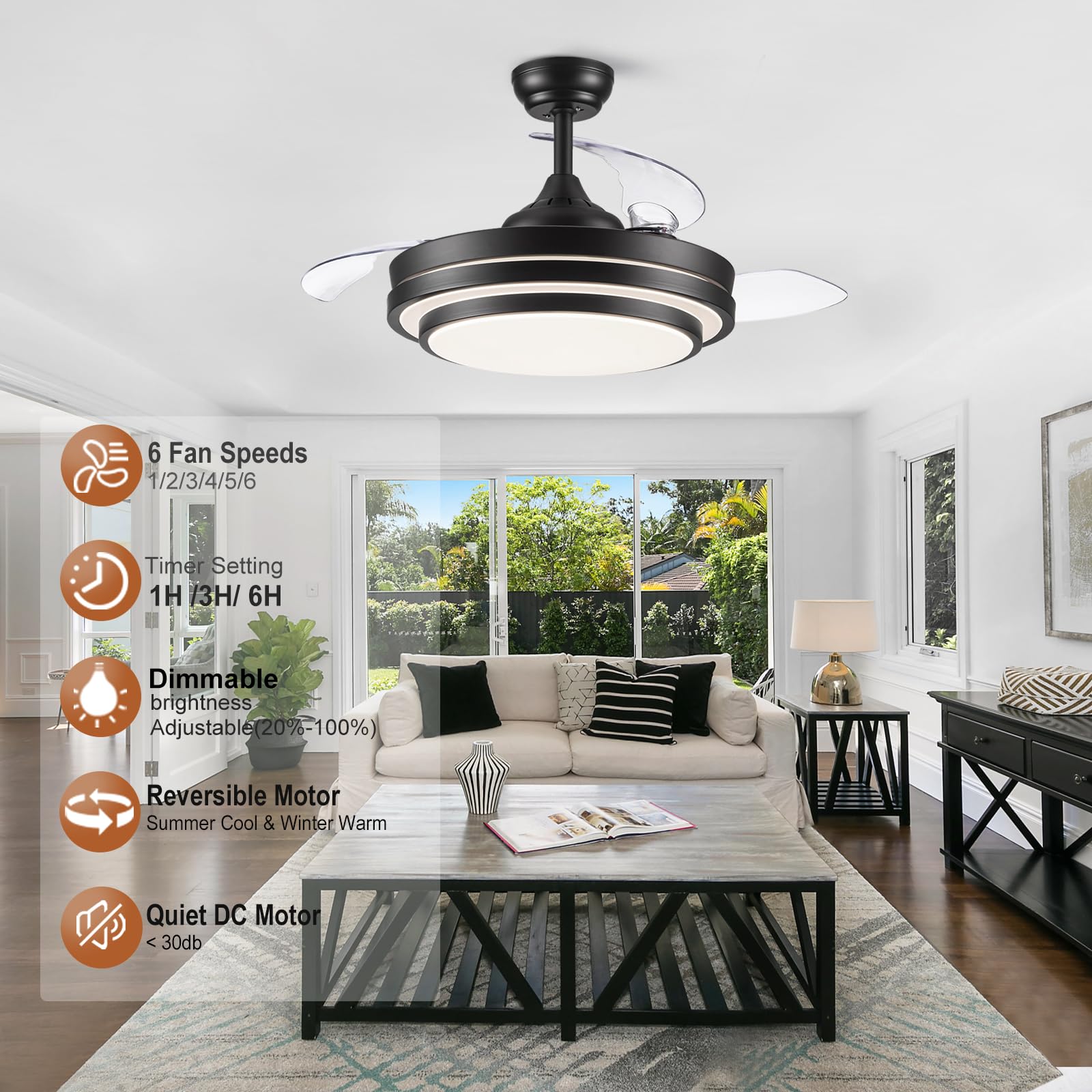 42 Inch Retractable Ceiling Fan with Lights & Remote Control - Quiet Dimmable Modern Black Fandelier, 3 CCT & 6 Speed Reversible - Perfect for Bedroom, Living Room, Office & Outdoor Spaces