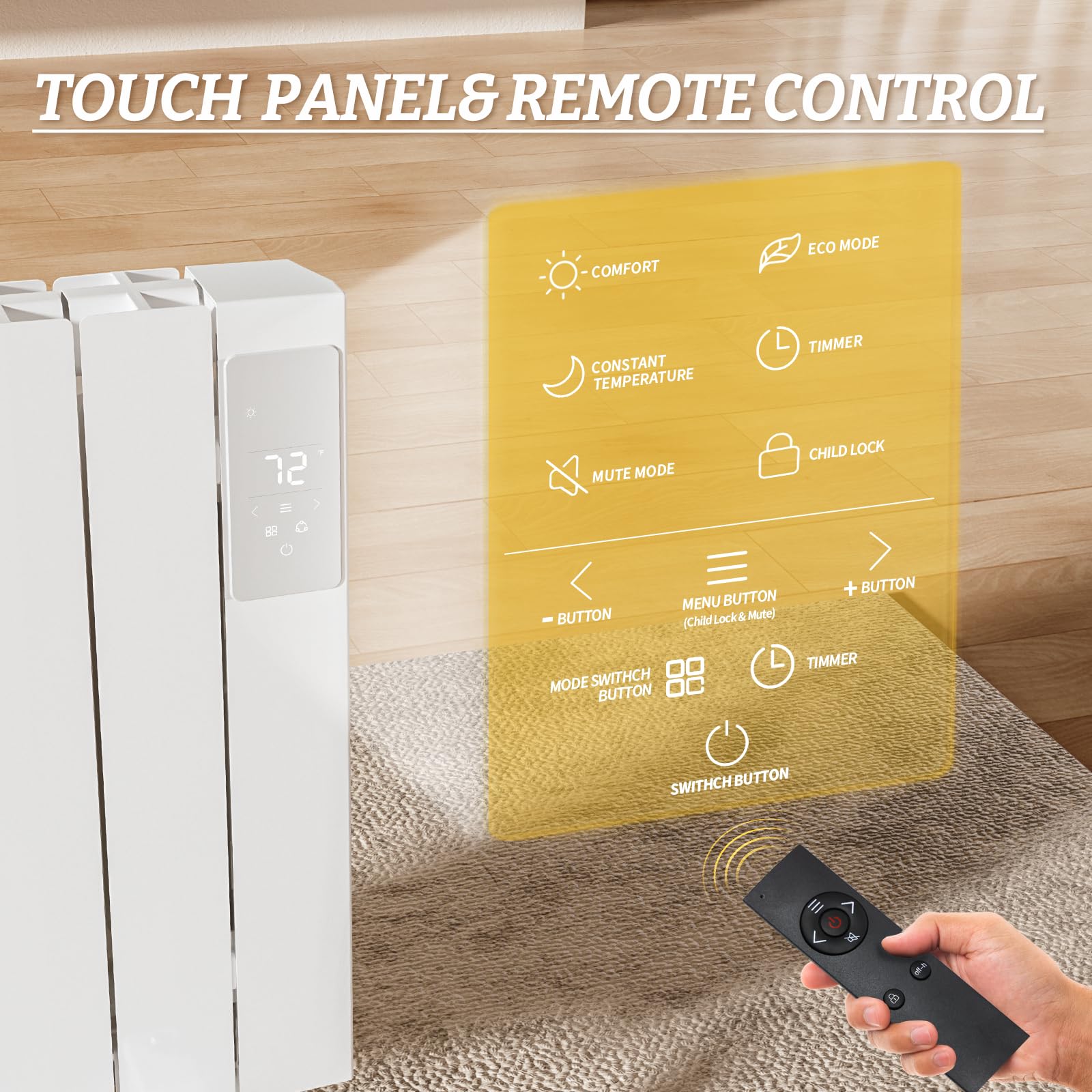 BREEZEHEAT 800W Electric Panel Heater - Wall Mounted Space Heater with Remote Control, Digital Thermostat, 24H Timer - Quiet Fanless Design for Bedroom, Office & Indoor Use - White