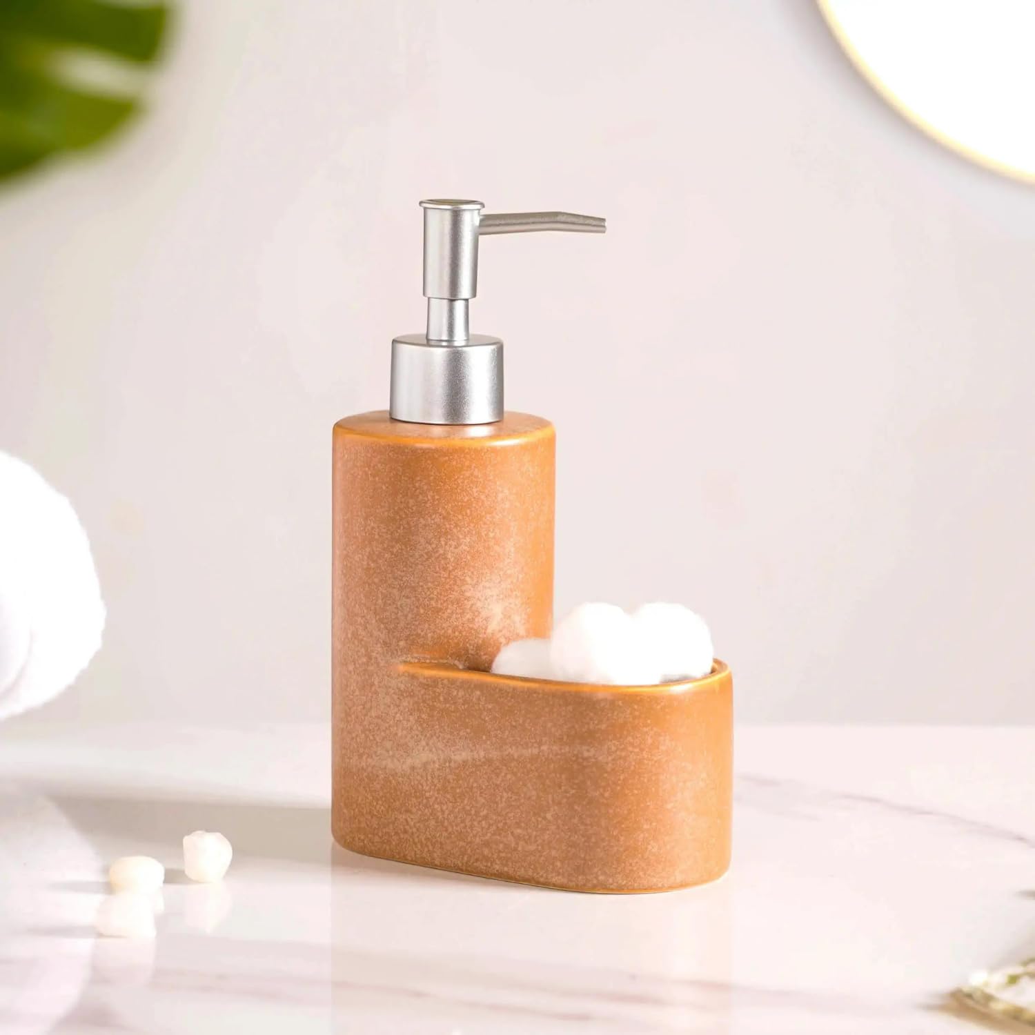 Nestasia Ceramic Soap Dispenser with Sponge Holder - Elegant Brown Bathroom Organizer for Hand Wash & Soap Storage | Perfect for Modern Vanities, Farmhouse Sinks & Spa-Style Bathrooms