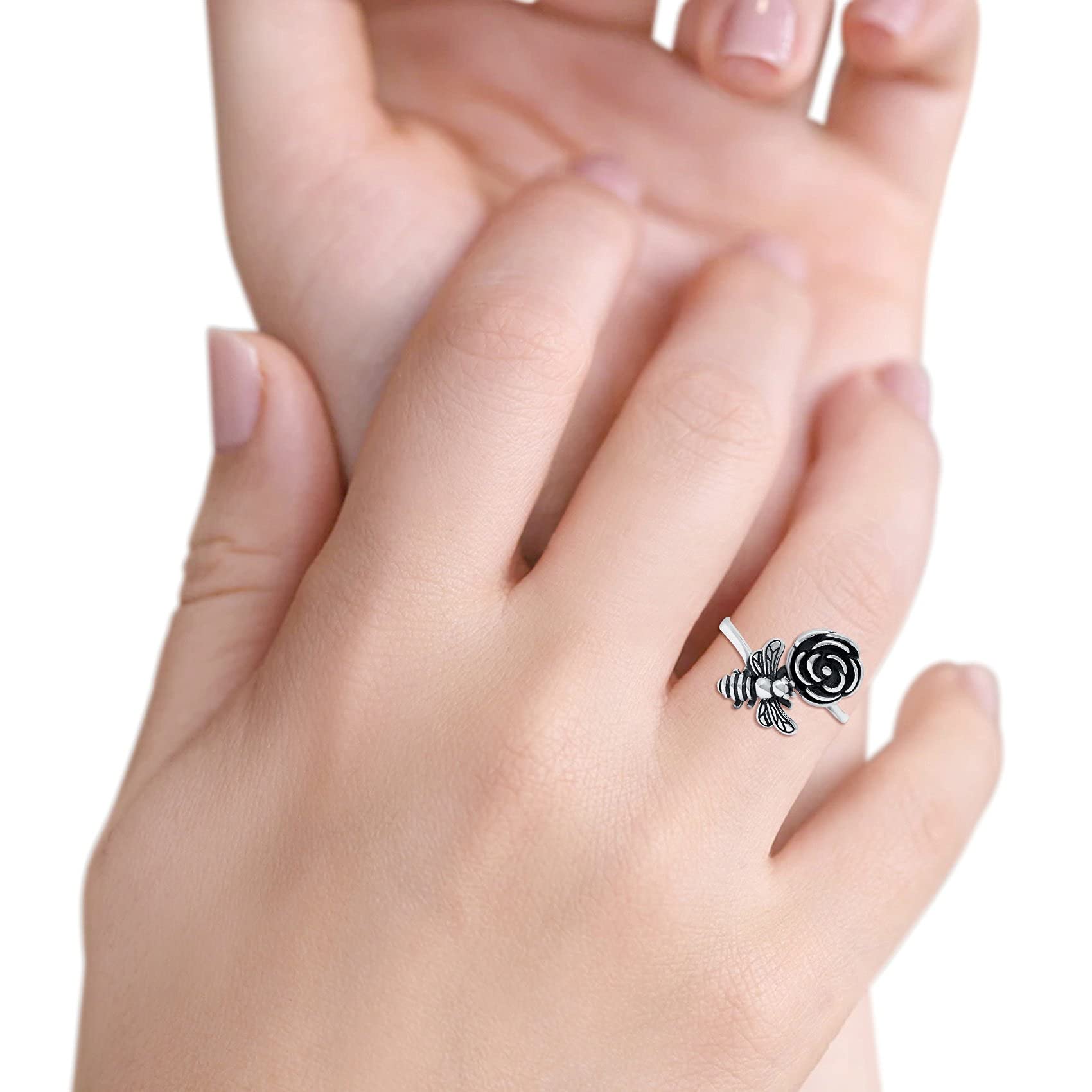 Blue Apple Co. Bee & Flower Ring - Oxidized 925 Sterling Silver Band (18mm) - Elegant Bohemian Jewelry for Women, Perfect for Weddings, Parties & Everyday Wear