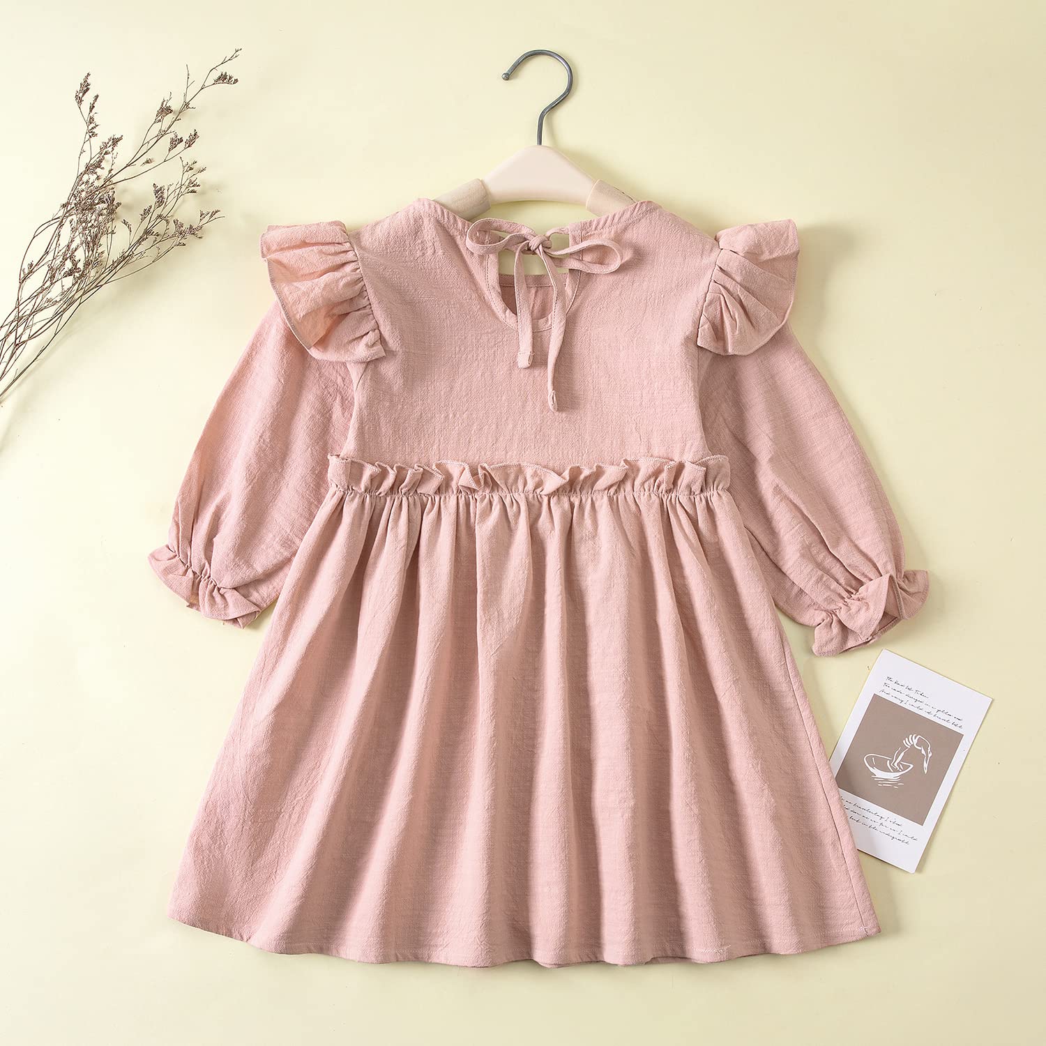 Goodplayer Toddler Girl Cotton Linen Dress - Long Sleeve Ruffle Fall Dress for Kids | Solid Color Casual Clothes for Playdates, School & Family Outings