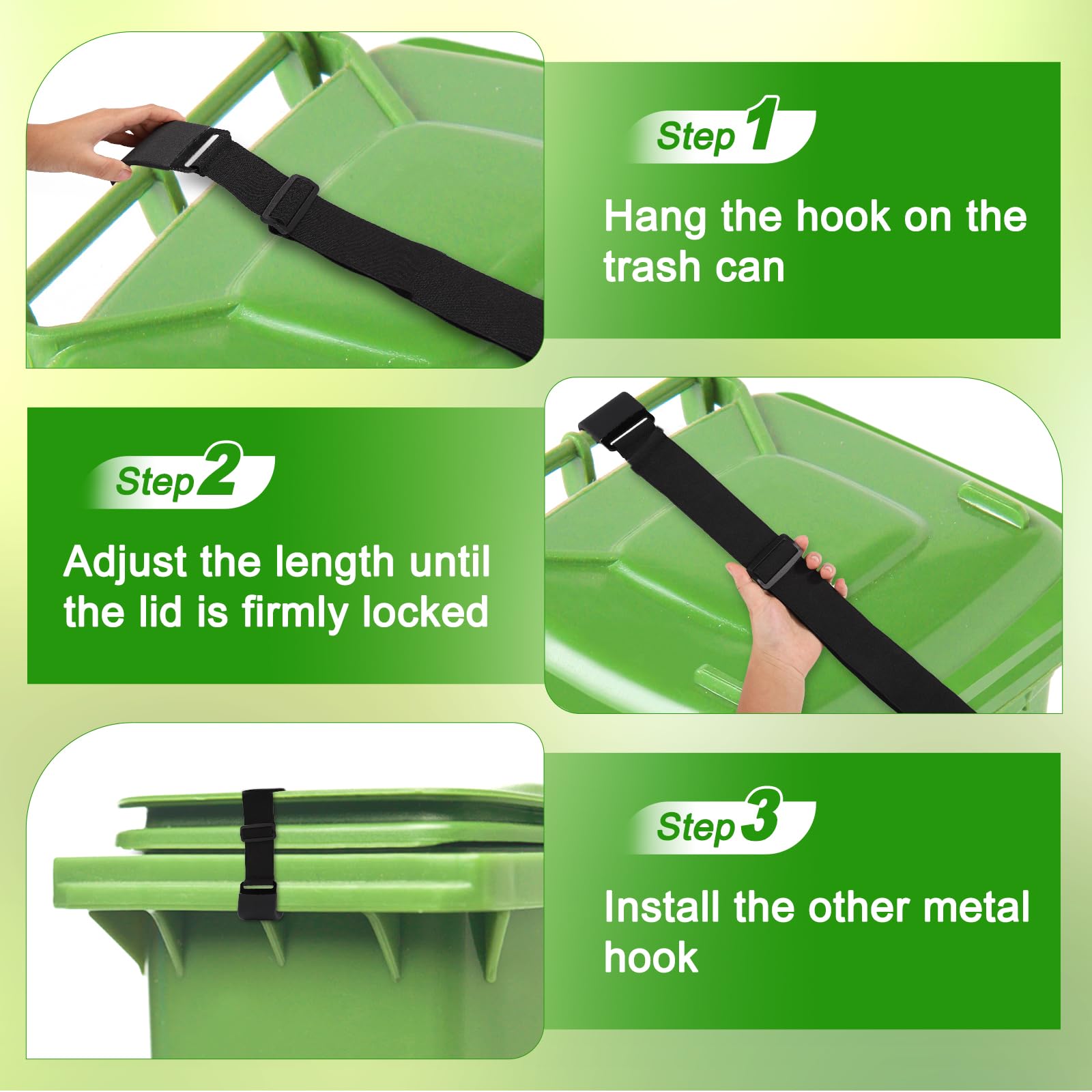 Windproof Metal Double-Claw Trash Can Lock - Adjustable & Elastic Garbage Bin Strap for Outdoor Use, Raccoon Proof Lid Lock to Prevent Tipping Over - Perfect for Patio, Backyard, and Camping