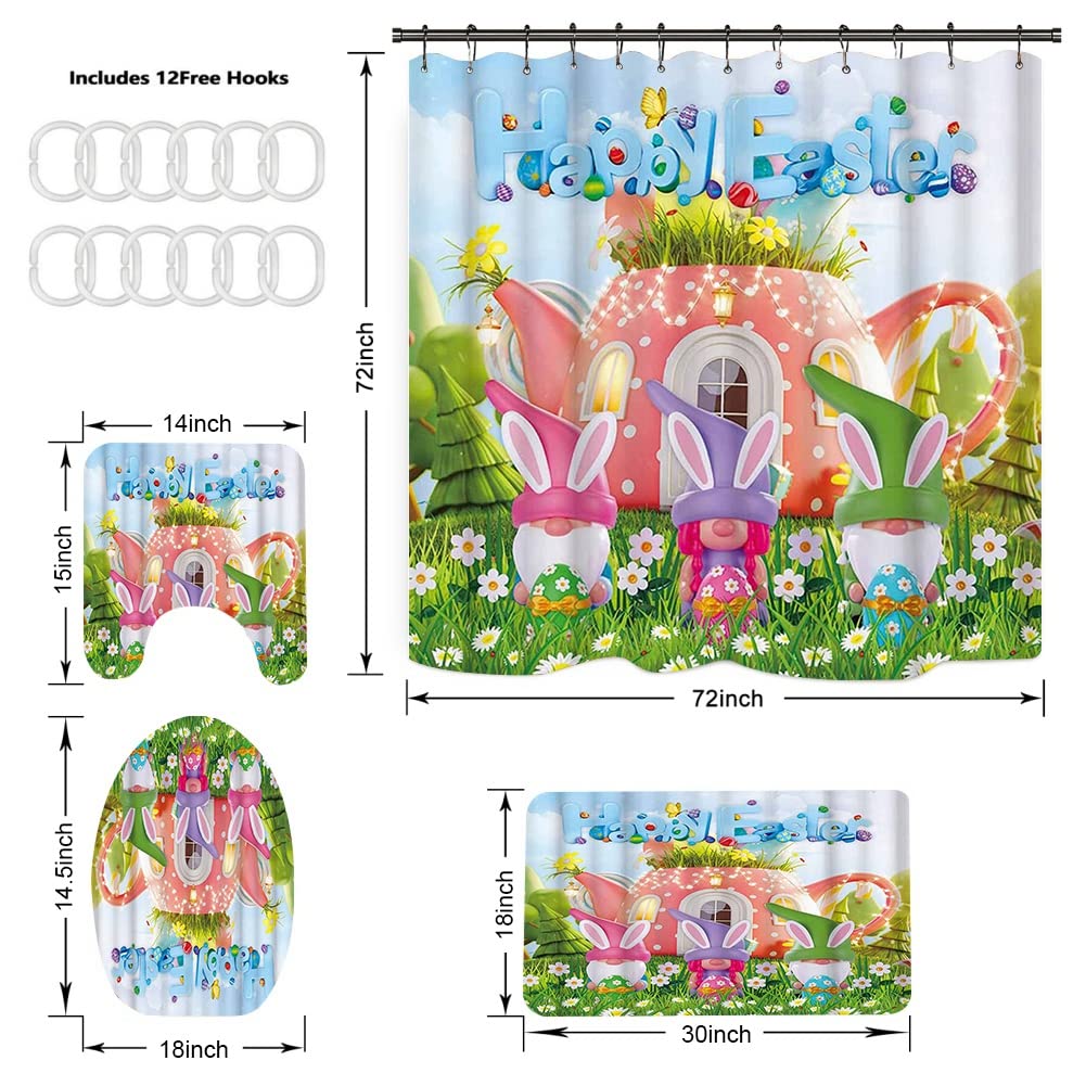 Easter Shower Curtain Set - 4Pcs Waterproof Polyester Bathroom Decor with Bunny & Egg Design | Perfect for Easter Home Decor & Spring Bathroom Accessories