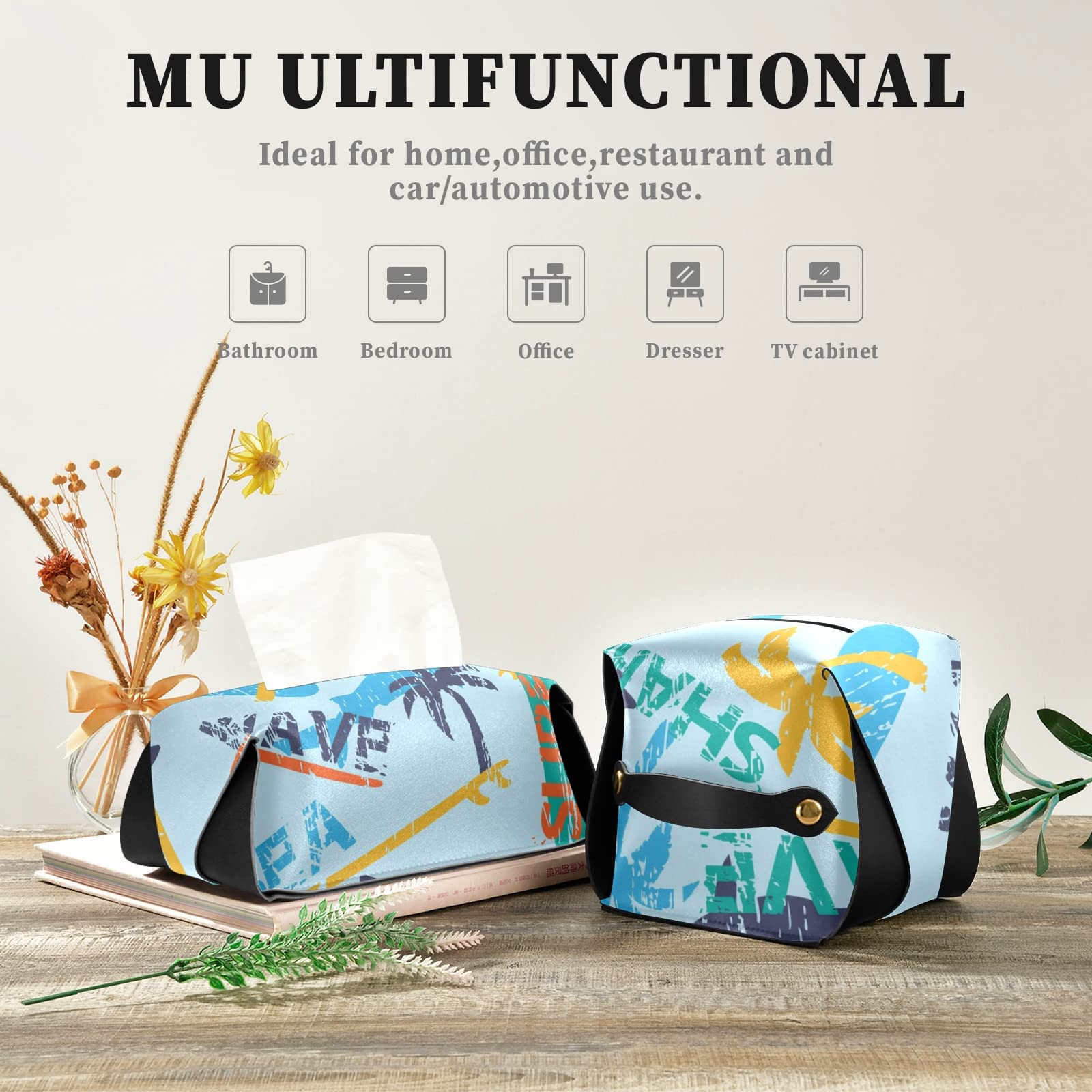 Premium Leather Tissue Box Cover with Handle - Seamless Bright Surfboards, Shark & Palm Trees Design - 5.7x5.7x5.7 Inches - Perfect for Bathroom, Home Nightstand, Vanity Countertop, Office Desk & Car Decor