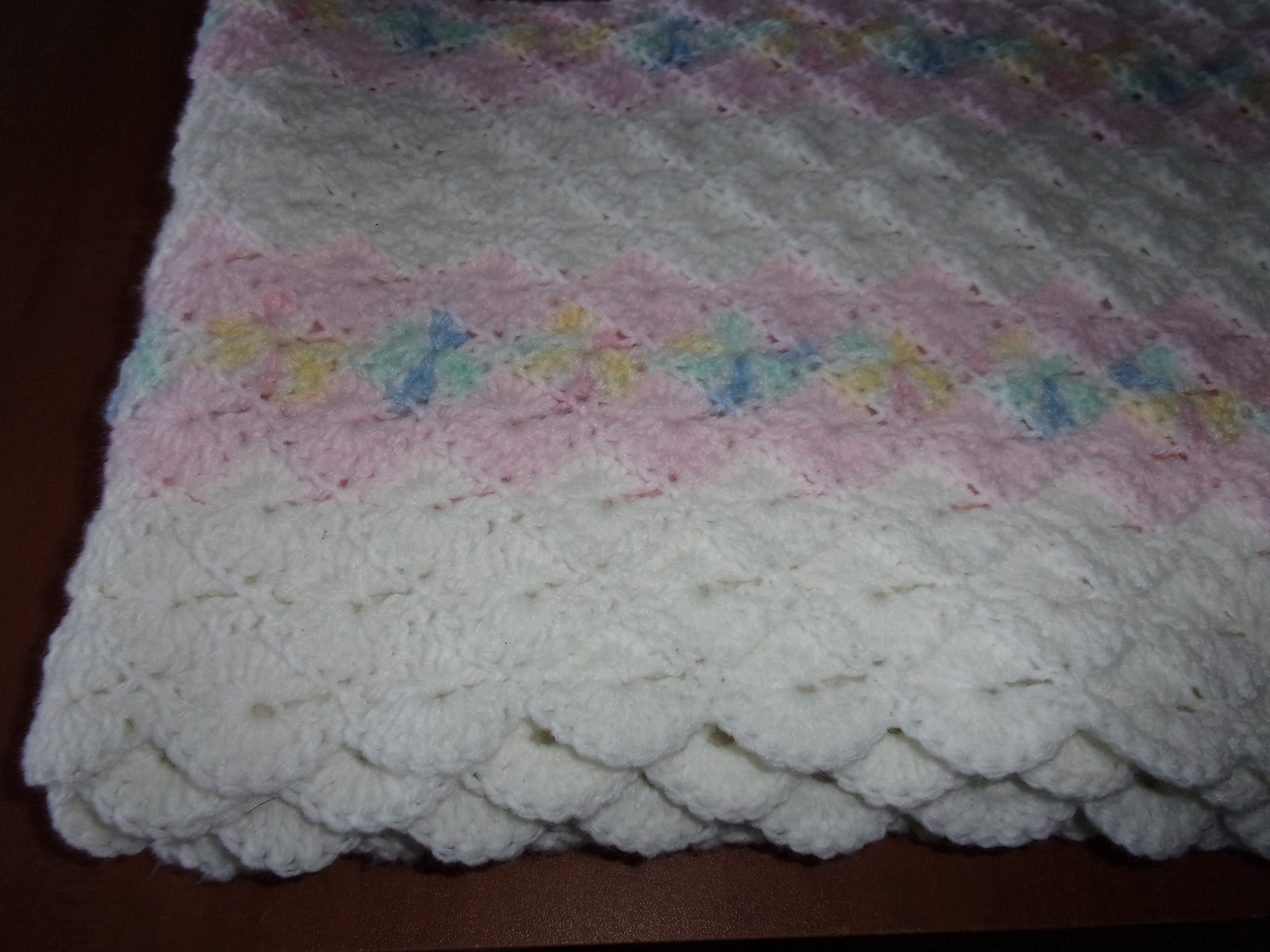Handmade Crocheted Baby Blanket - Soft Pink & White Afghan Throw - Double Shell Stitch Design - Perfect for Nursery, Gift, or Photo Props