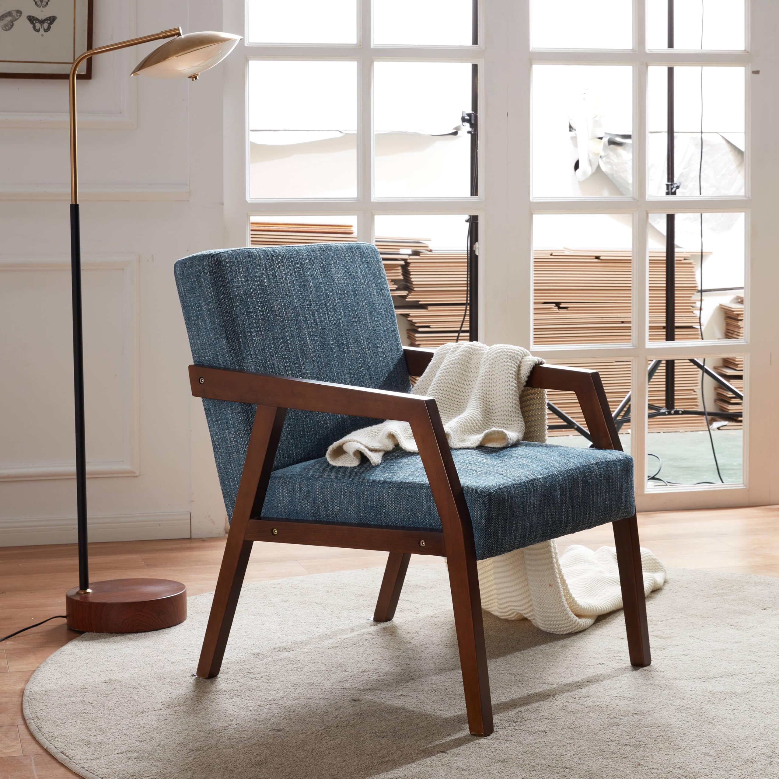 HUIMO Mid-Century Modern Wooden Accent Arm Chair - Elegant Upholstered Lounge Chair with Linen Fabric for Living Room, Bedroom & Office - Blue Reading Side Chair - Perfect for Relaxing, Reading & Home Decor