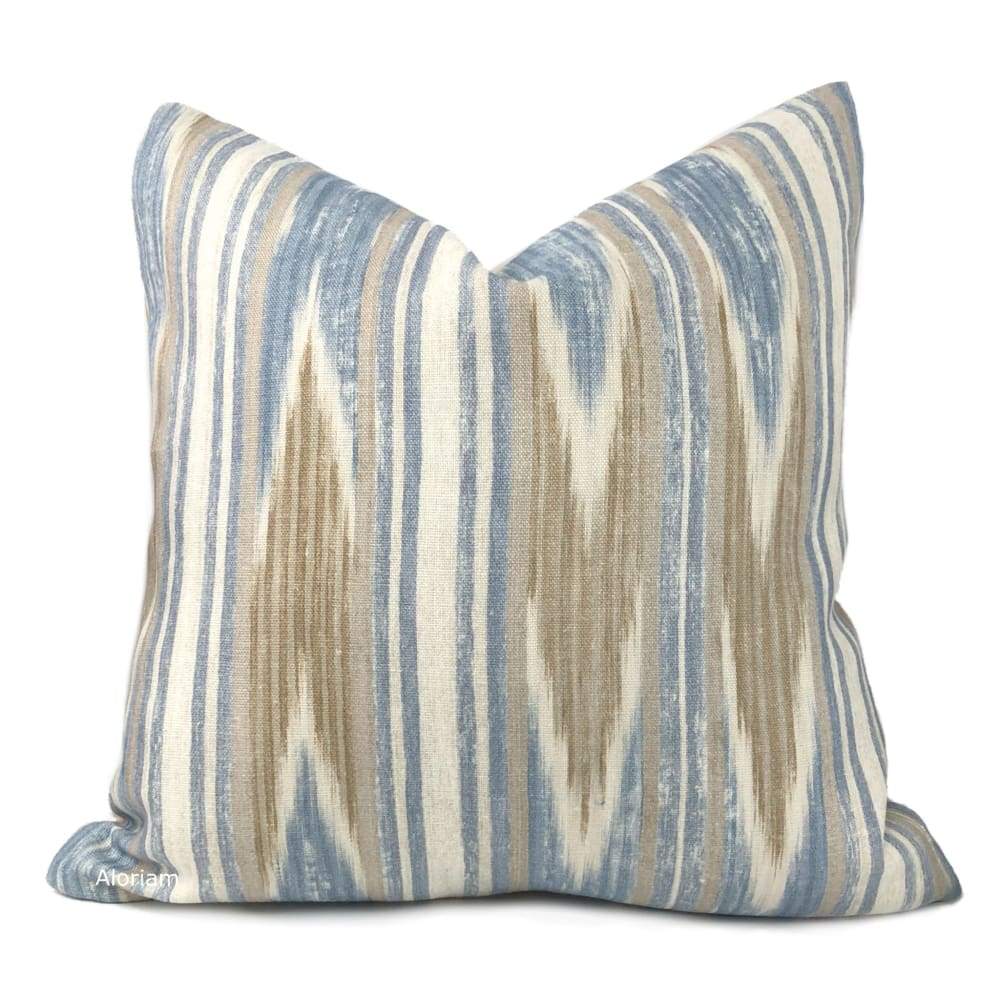 Khalil Blue Brown Cream Ethnic Ikat Chevron Stripe Linen Pillow Cover - Premium Colefax Fowler Fabric - Perfect for Boho Chic, Farmhouse & Eclectic Home Decor