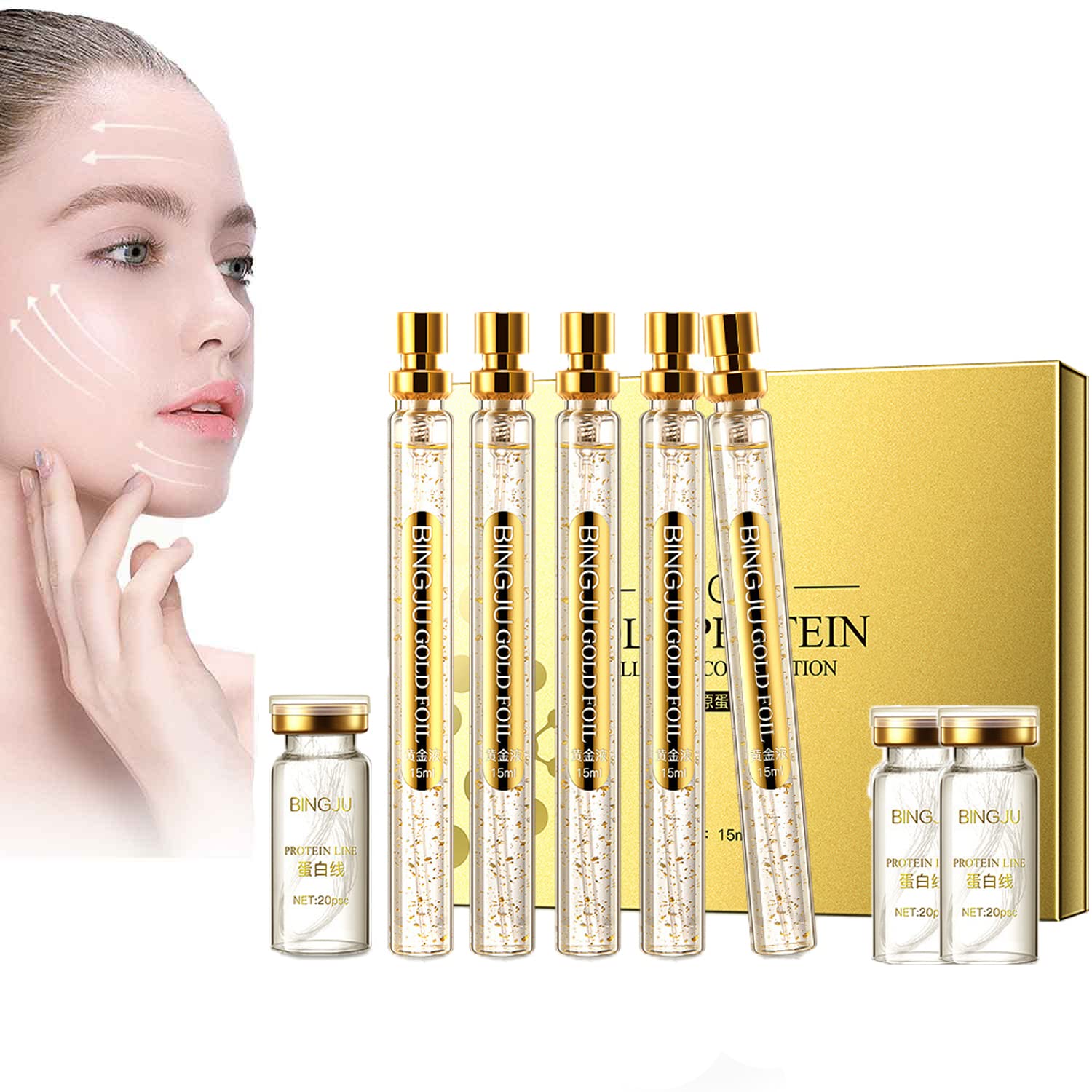 Bonseor InstaLift Korean Protein Thread Lifting Set - Soluble Collagen Threads & Nano Gold Essence for Wrinkle Reduction, Face Lifting Treatment (3 Protein Threads Included) | Anti-Aging Skincare for Fine Lines, Sagging Skin | Perfect for Home Facial & Professional Spa Treatments
