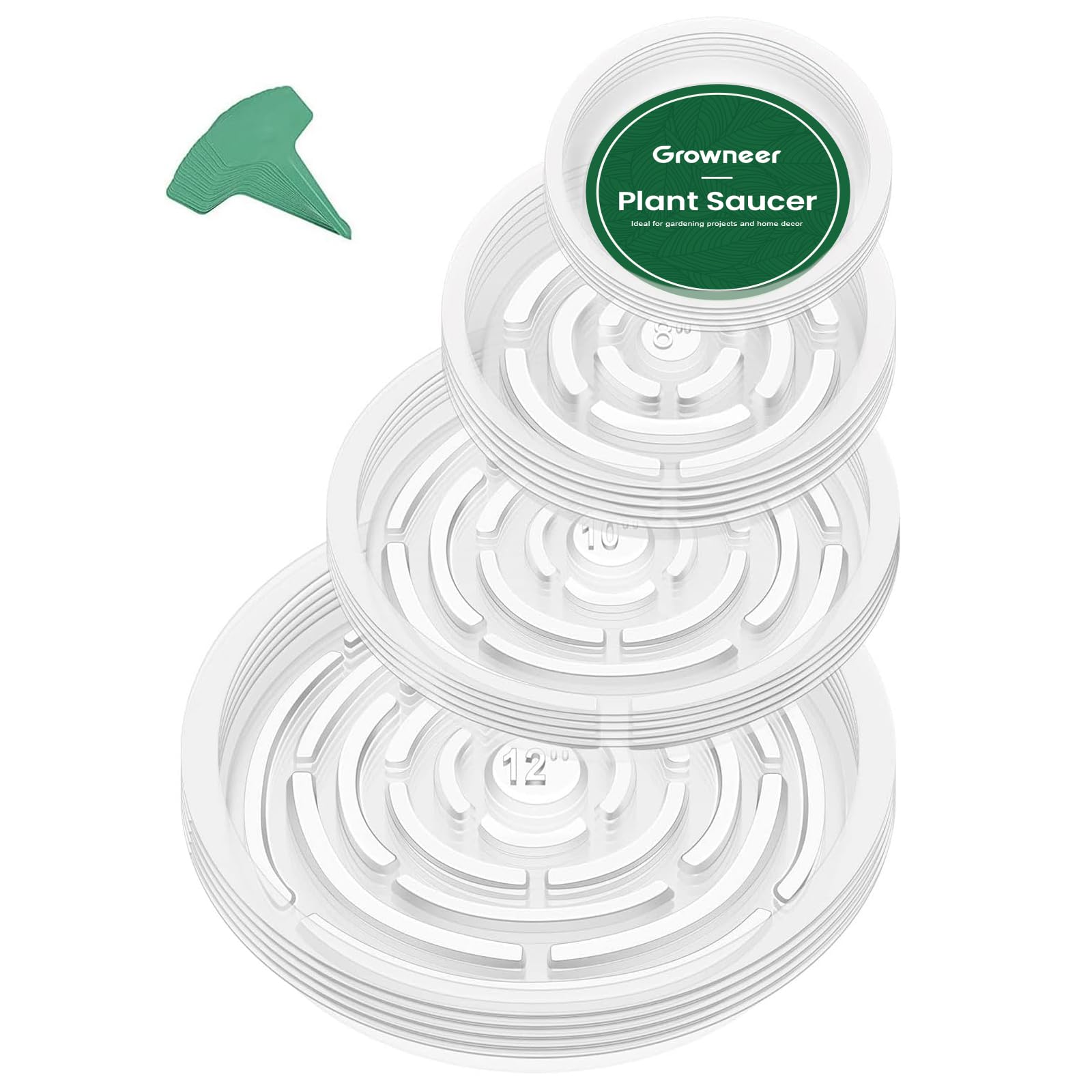 GROWNEER 24 Pack Clear Plastic Plant Saucers & Drip Trays - 6, 8, 10, 12 Inch Flower Pot Trays with 15 Plant Labels for Indoor/Outdoor Plants, Garden, Potted Flowers (4 Sizes, 6pcs Each) - Perfect for Drainage Protection on Decks, Patios & Windowsills