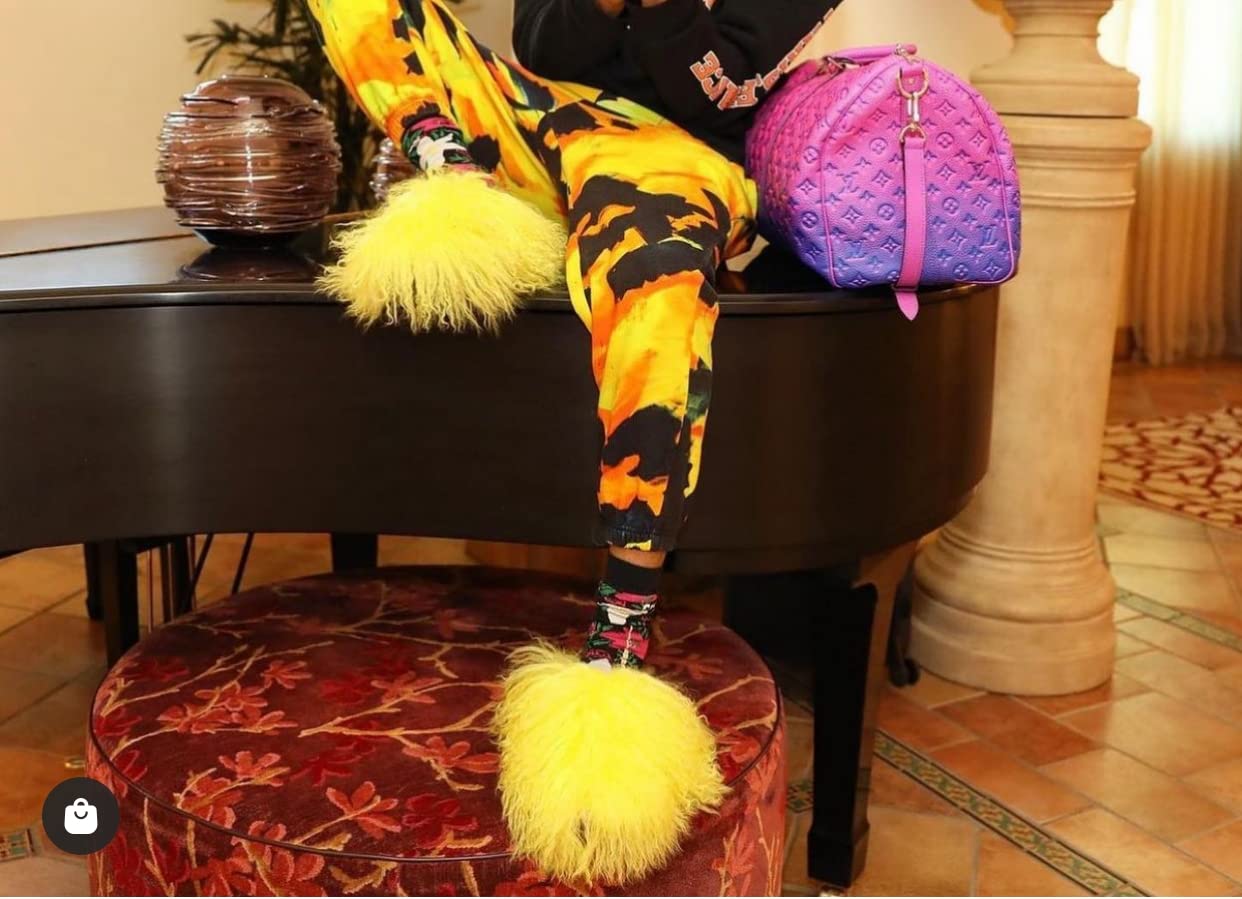 Women's Real Mongolian Sheep Fur Slippers - Closed Toe Winter House Shoes with Tibetan Long Curly Hair, Fluffy Big Furry Slides for Women & Girls (Size 7, Yellow) - Perfect for Indoor Comfort, Outdoor Beach Wear & Luxury Home Lounging