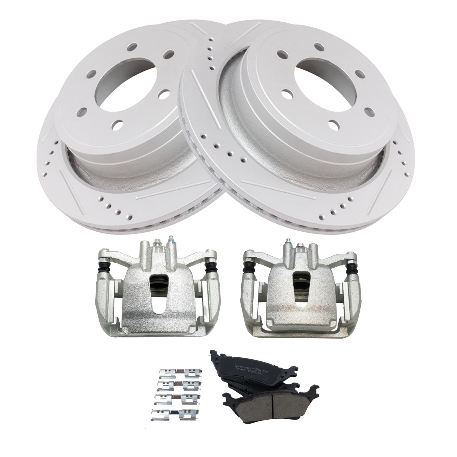 TRQ Premium Ceramic G-Coated Rear Performance Brake Pad & Rotor Kit for 2012-2016 Ford F-150 - Includes Brake Calipers, Pads & Rotors - Ideal for Heavy-Duty Towing & Off-Road Driving