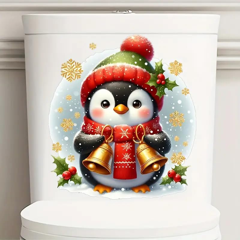Christmas Penguin Bell Toilet Cover Stickers - Waterproof Self-Adhesive Bathroom Decals for Toilet Lid, Tank & Wall Decor - Fish, Bird, Flower & Leaf Designs - Perfect for Holiday Home Decor & Bathroom Renovation