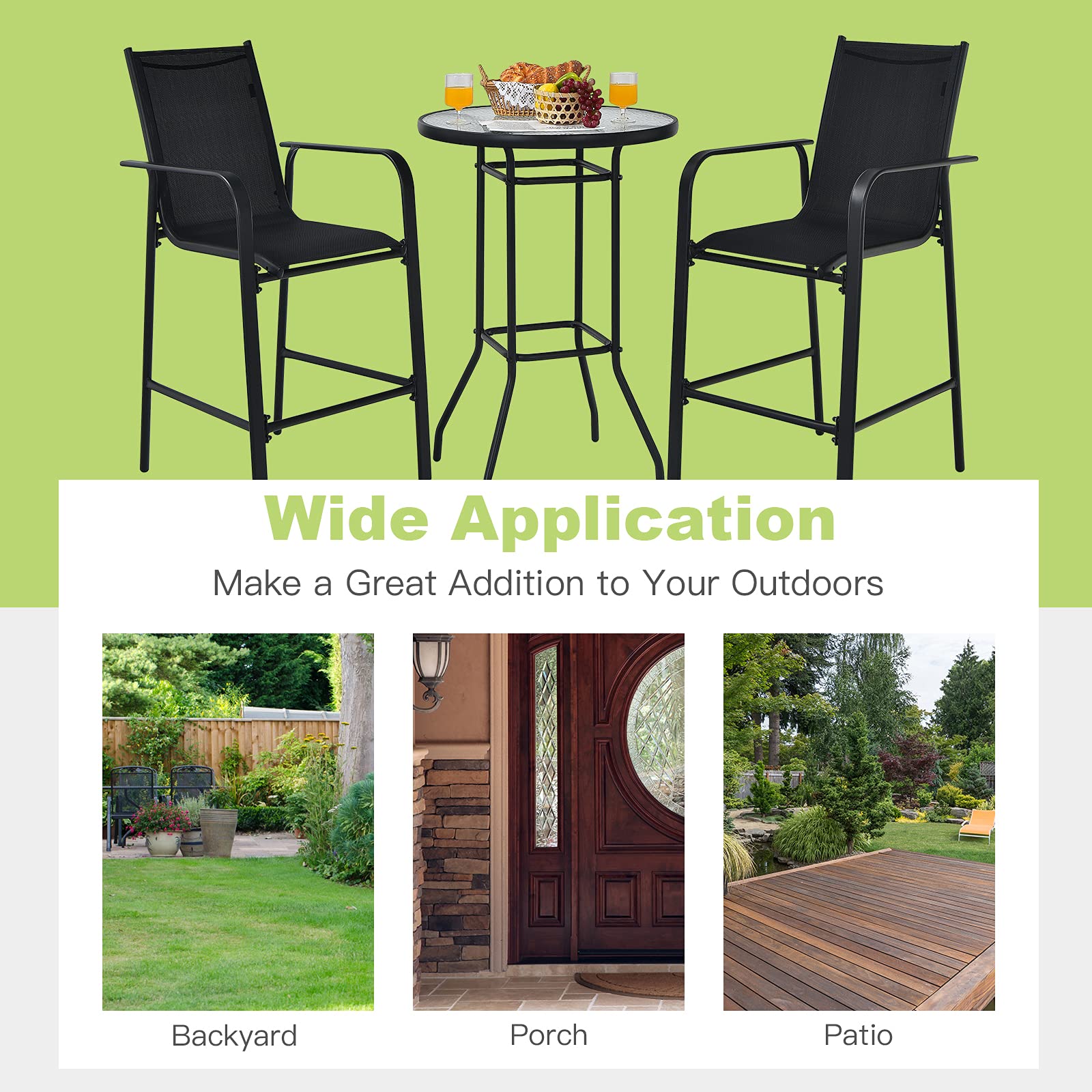 Tangkula 3-Piece Outdoor Bar Set - 2 Bar Stools & 1 Tempered Glass Table - Patio Bistro Set for Backyard, Garden, Lawn, Balcony - Black - Perfect for Outdoor Dining, Entertaining & Relaxation