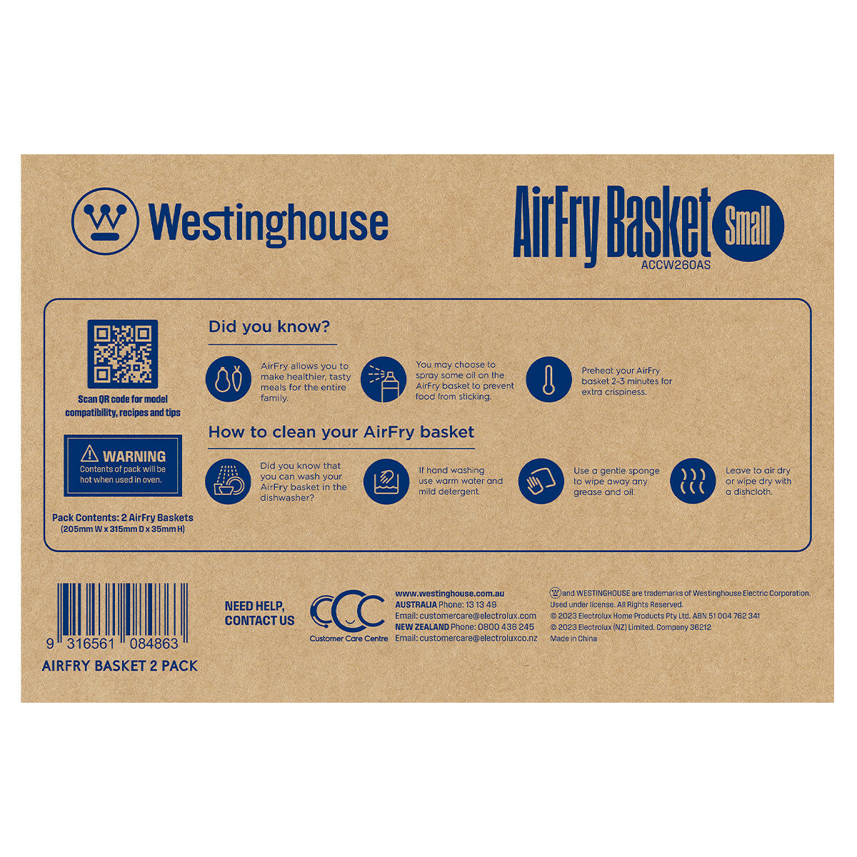 Westinghouse Air Fryer Basket for 60cm Air Fry Ovens - 2 Pack (ACCW260AS) | Perfect for Healthy Frying, Crispy Snacks & Family Meals