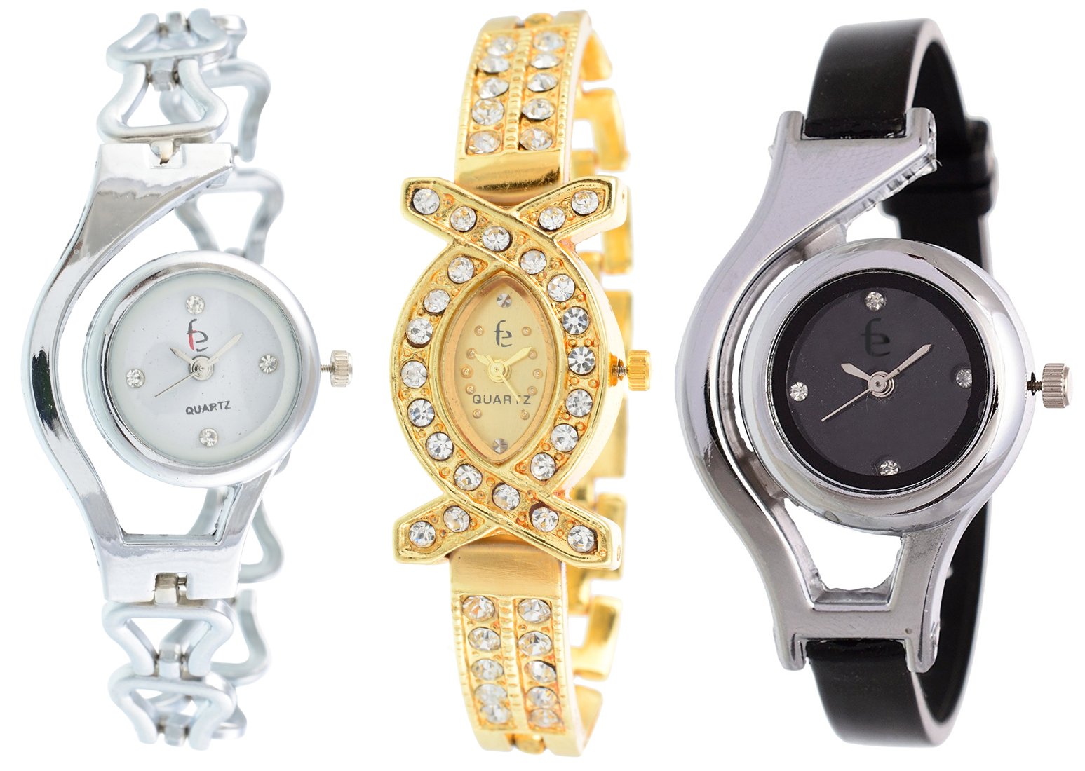 Freny Exim 3-Pack Silver Chain & Gold Diamond Studded Bracelet Watch Set with Soft Black Strap - Elegant Women's & Girls Fashion Watches for Party, Dating & Daily Wear
