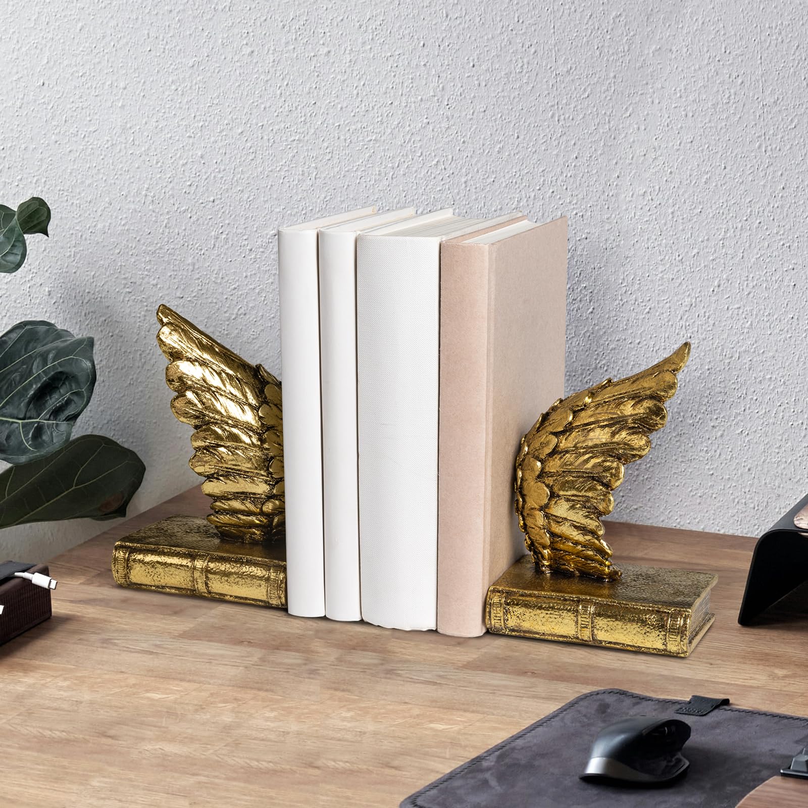 Heavy Duty Decorative Bookends with Anti-Slip Base - Lucky Wings Design for Shelves, Magazines & Heavy Books - Gold Home Office Decor for Study, Library & Workspace Organization