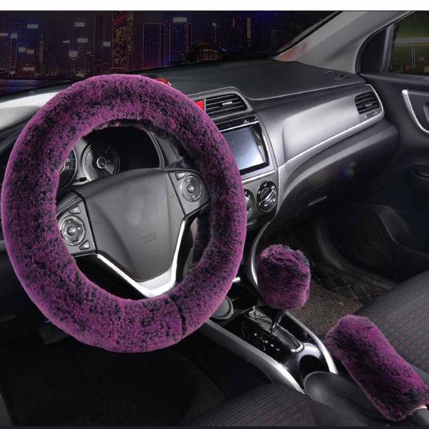SHIAWASENA Warm Faux Wool Steering Wheel Cover Set - 3 Pcs (Purple & Black) with Handbrake Cover & Gear Shift Cover | Winter Car Accessories for Cold Weather Driving Comfort