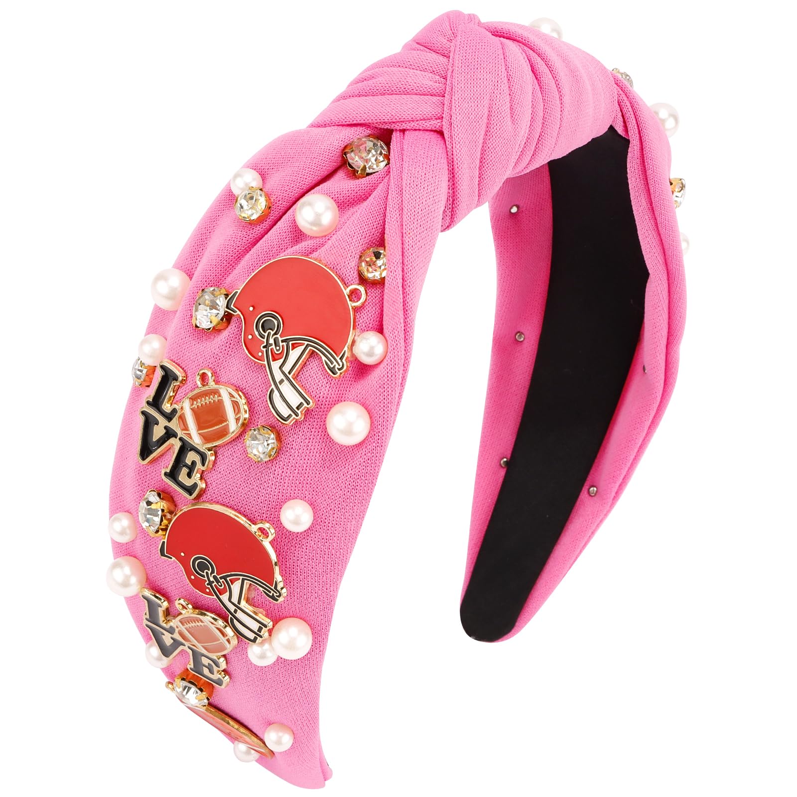 Women's Football Headband - Knotted Pearl Rhinestone Jeweled Hair Accessory for Football Mom Fans | Game Day Outfits & Sports Events (Hot Pink) | Perfect for Cheering, Tailgating & Team Spirit