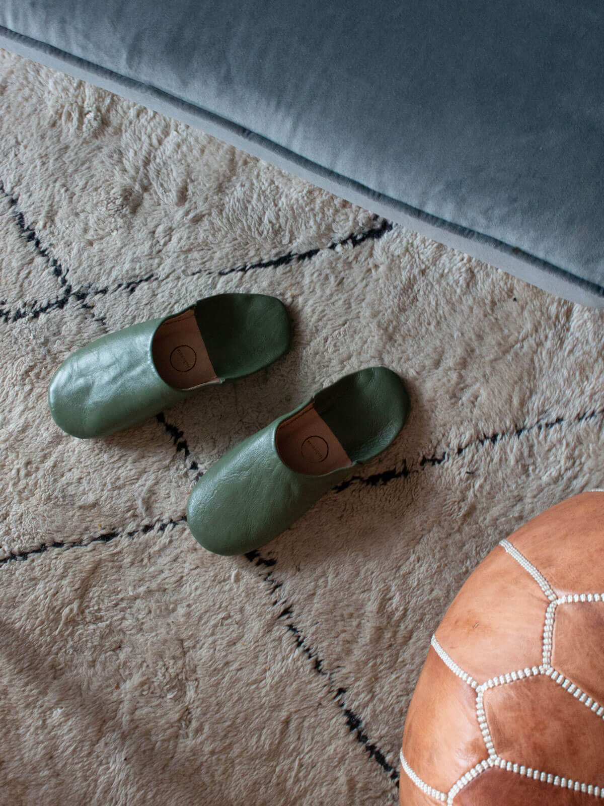 Authentic Moroccan Babouche Slippers - Soft Leather Olive Green House Shoes | Comfortable & Breathable for Home, Lounge & Indoor Use