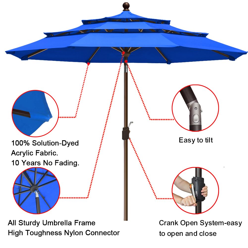 EliteShade USA 10-Year Fade-Resistant 9Ft 3-Tier Patio Umbrella with Ventilation - Royal Blue Outdoor Market Umbrella for Dining Tables, Poolside, and Beach Use