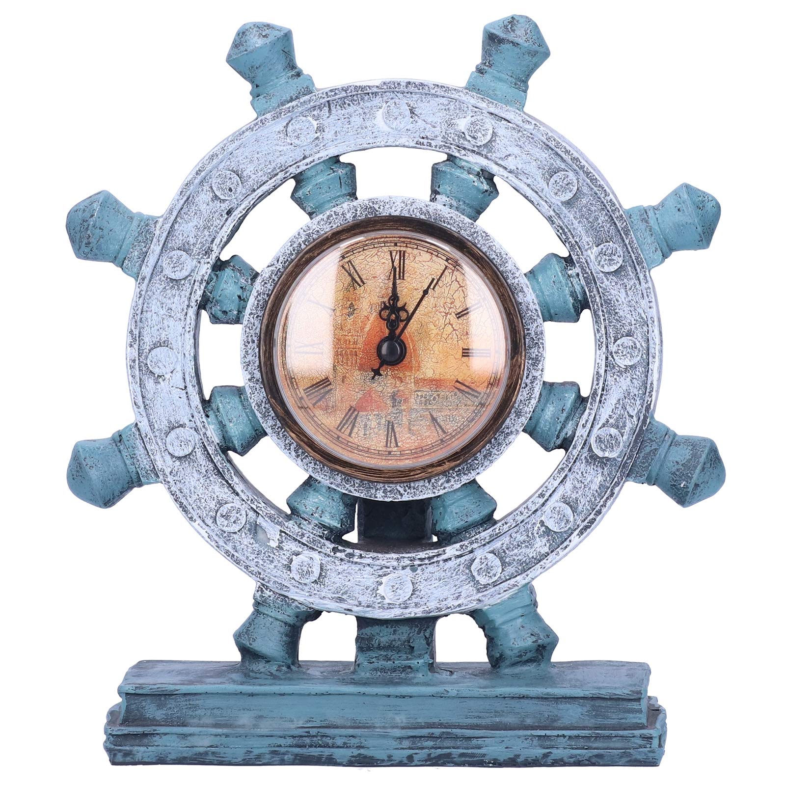 Vintage European Style Resin Figurine Rudder Clock - Blue Retro Nautical Table Decor for Home, Office & Gifts | Perfect for Coastal, Farmhouse & Sailor-Themed Interior Design