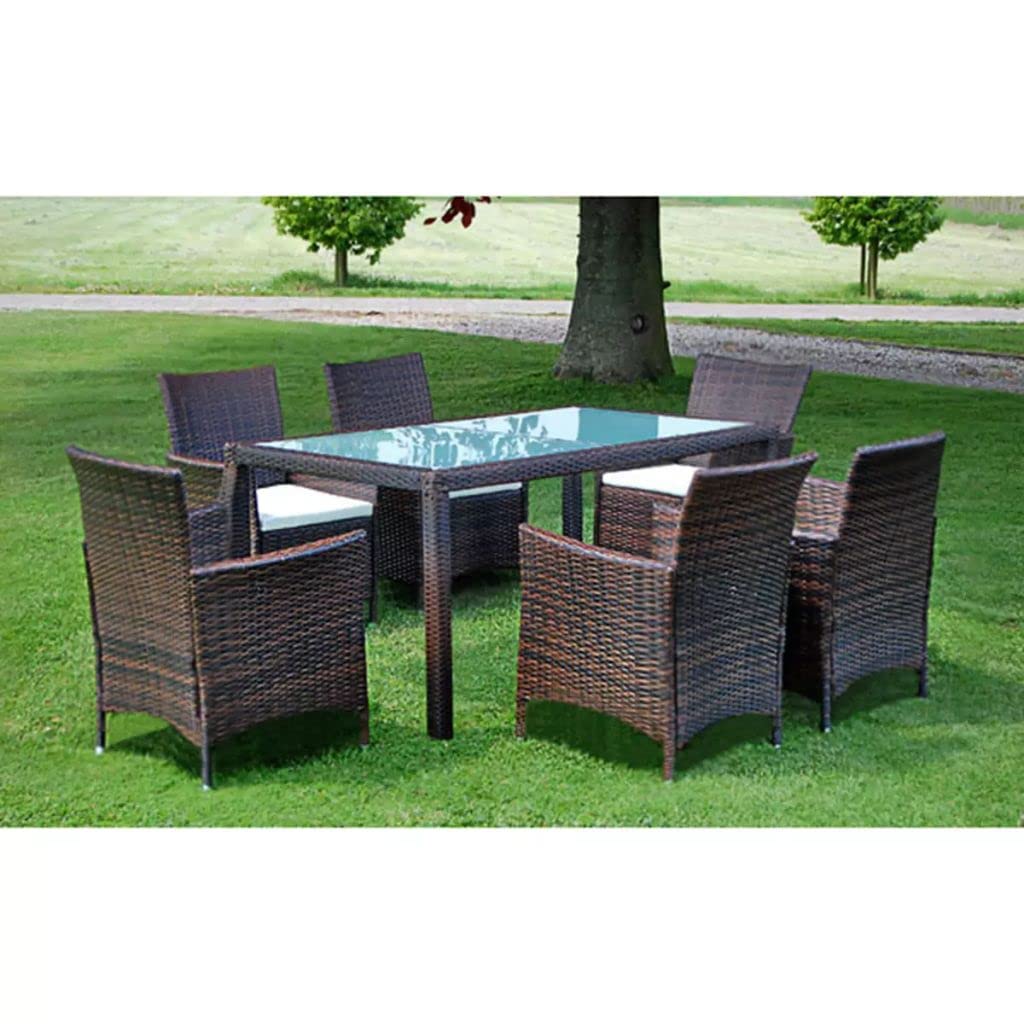 YEZIYIYFOB 7-Piece Brown Poly Rattan Patio Dining Set with Steel Frame & Aluminum Feet - Durable Outdoor Garden Furniture for Backyard, Poolside & Terrace Dining