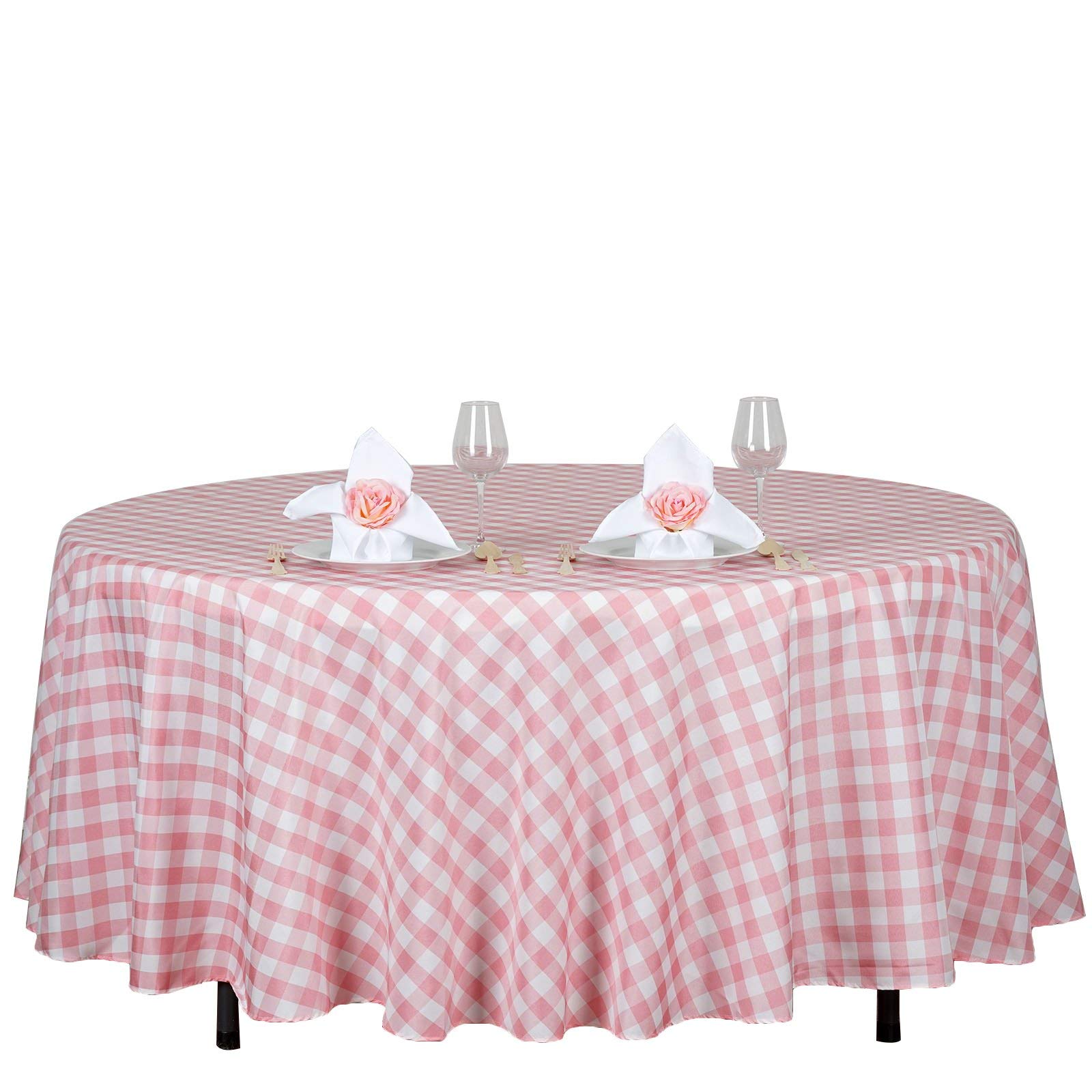 10-Piece 108-Inch Rose Quartz Pink Round Gingham Checked Polyester Tablecloth Set - Elegant Wedding, Party & Event Decorations - Perfect for Bridal Showers, Banquets & Holiday Dining